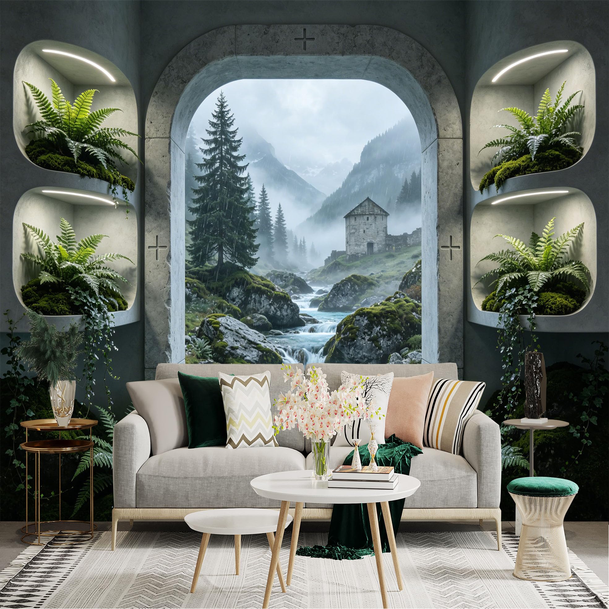 Lnzczhyre Dbh260521027 Custom Size Wall Sticker Mural， Scenic Mountain River View， Misty Forest Landscape， Stone Cottage By Stream， Indoor Fern Plant Shelves， For Wall Decoration， Peelandstick Wall Decals.