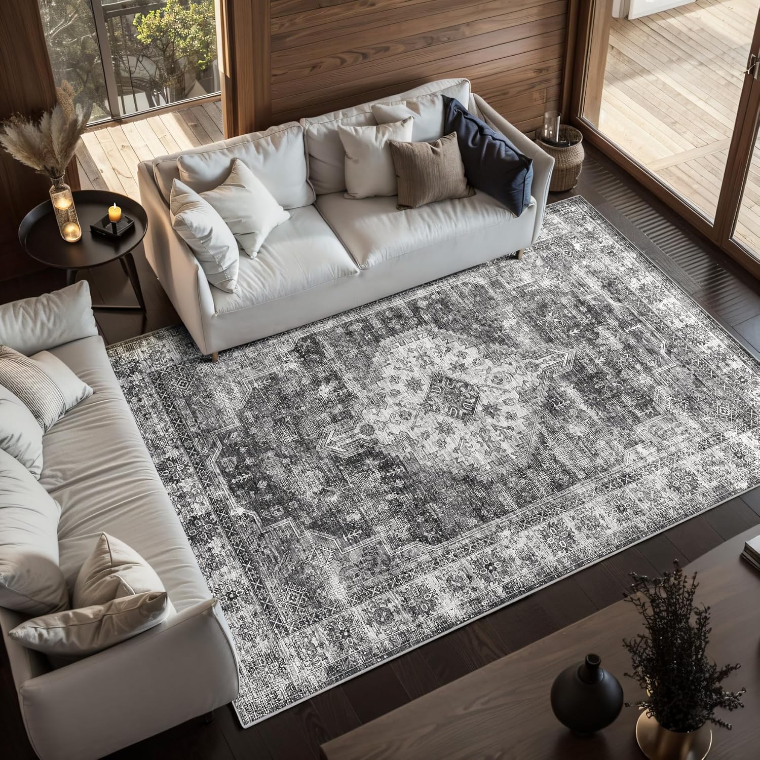 6x9 Area Rug, Washable Rug for Living Room Entryway Bedroom Kitchen, Vintage Medallion Carpet with Non-Slip Backing, Ultra-Thin Low Pile Boho Farmhouse Carpet for Home Decor, Black