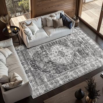 6x9 Area Rug, Washable Rug for Living Room Entryway Bedroom Kitchen, Vintage Medallion Carpet with Non-Slip Backing, Ultra-Thin Low Pile Boho Farmhouse Carpet for Home Decor, Black