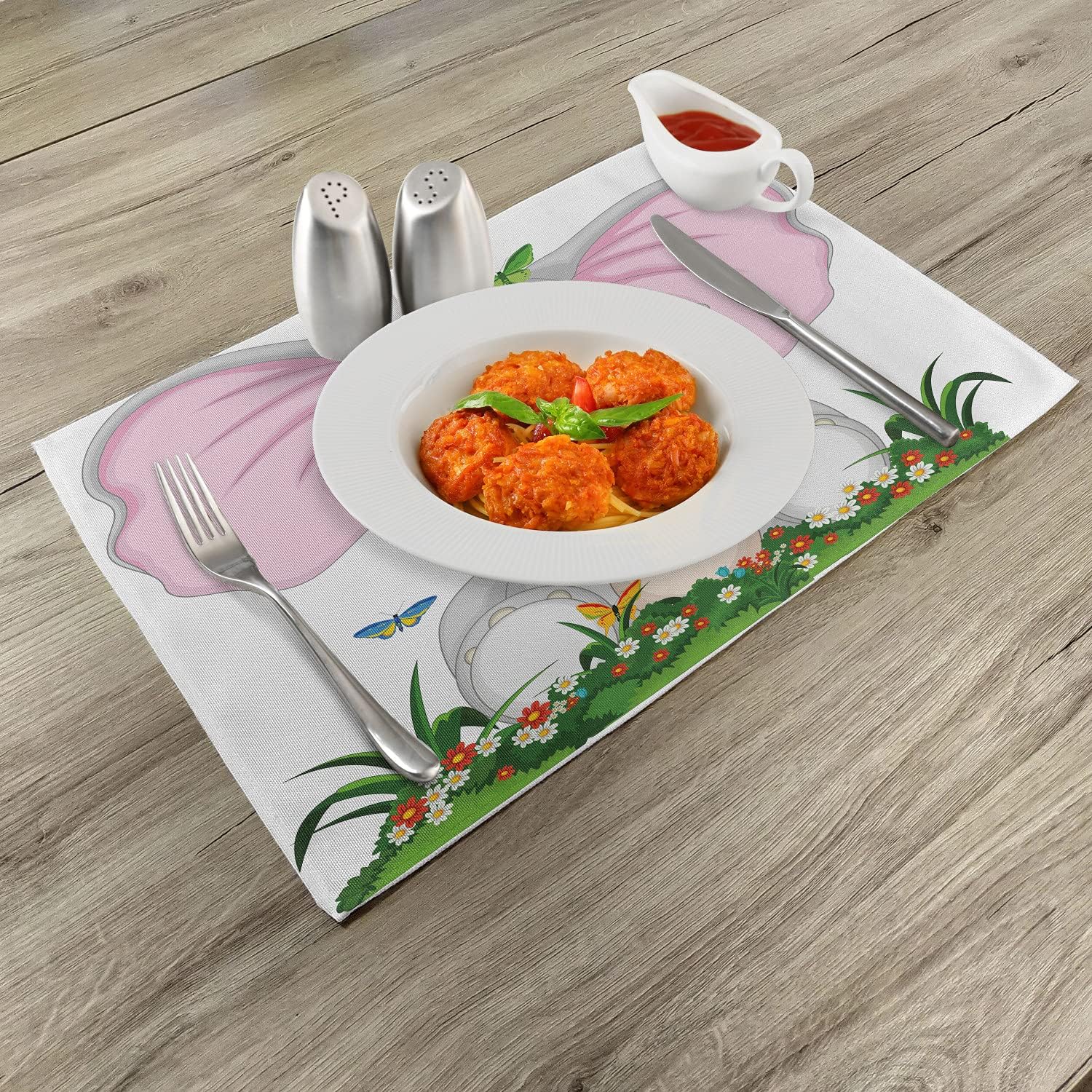 Ambesonne Elephant Nursery Place Mats Set of 4, Friendly Elephant Cartoon in Garden Daisies Butterflies with Huge Ears, Washable Fabric Placemats for Dining Room Kitchen Table Decor, Pink