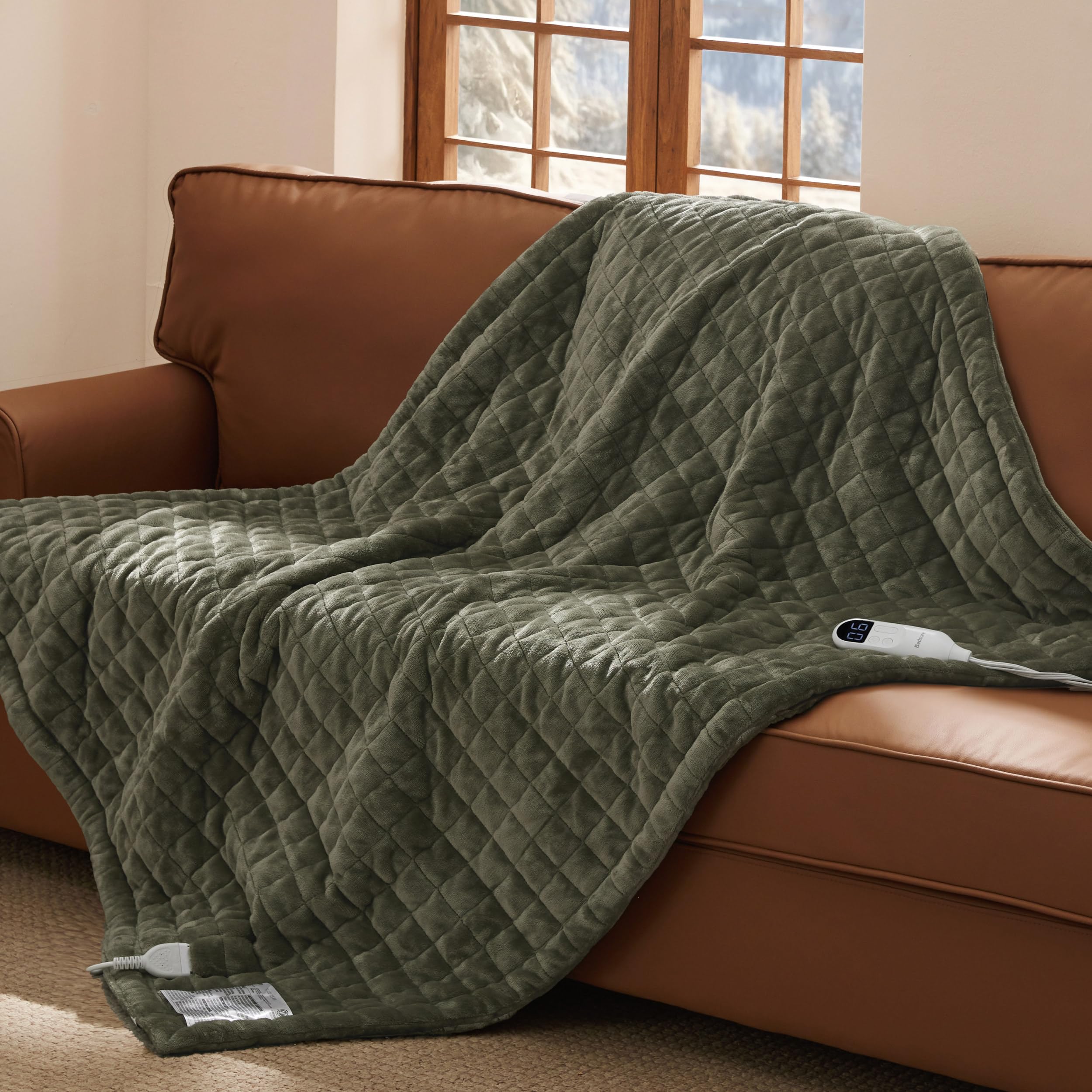 Bedsure Luxury Quilted Heated Throw Blanket, Thick Electric Blanket, Green | Box Quilted, Ultra Soft, Comforter-Like Warmth, Fast Heating, Memory &amp; Preheat, 1-10 Hour Auto Off, 10 Heat Settings, 50x60