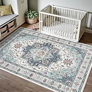 Madane Area Rug 4x6 Washable Rugs: Vintage Living Room Rug Soft Low Pile Non Slip Area Rugs Distressed Indoor Floor Carpet for Bedroom Kitchen Dining Room Home Decor, Blue