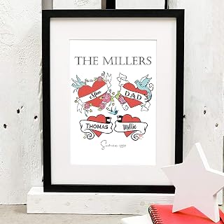 Personalised Family Names Print Tattoo Style | Personalised Family Print | Tattoo Style Print | Tattoo Heart Family Name | Housewarming Gift