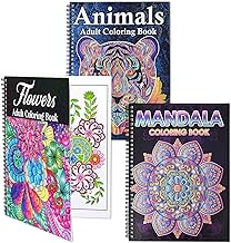 Pobuu Set of 3 Adult Coloring Books, Anti-Stress Coloring Book for Adults, Relaxation, 60 Patterns, Mandalas, Flowers and Animals, Christmas Gift Women