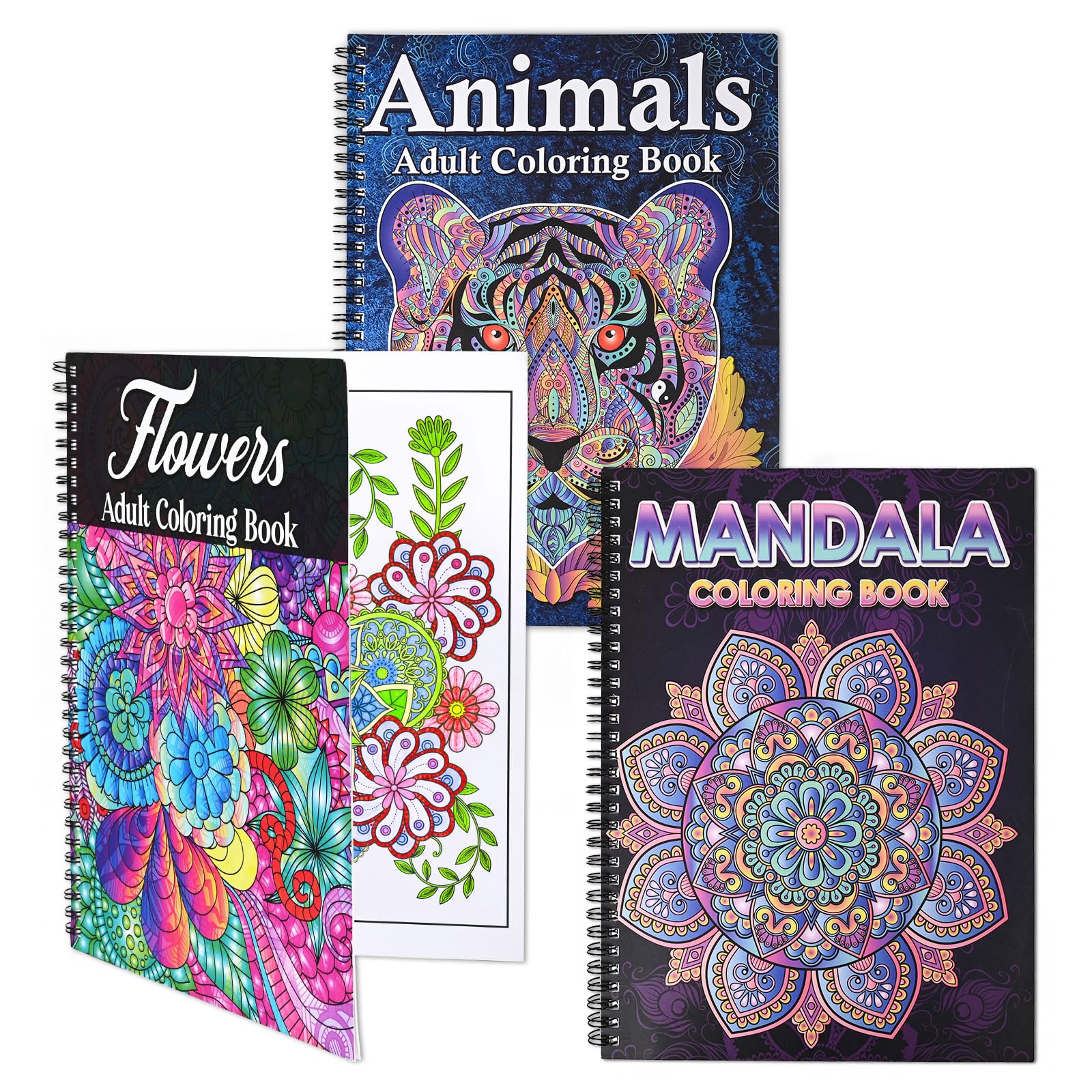 Pobuu Malbuch für Erwachsene, 60 Seiten, Mandalas, Tier- und Blumenmuster, Spiralbindung, Malbücher für Erwachsene, Entspannung, Angstlinderung, Geschenke für Frauen