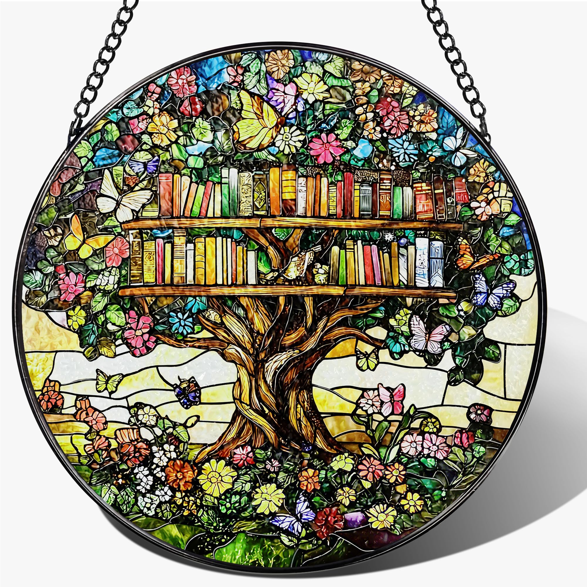 Stained Glass Window Hanging – 7.8" Tree of Books Suncatcher, Stained Glass Ornament, Ideal Gift for Book Lovers, Readers, Teachers & Bookworms, Perfect for Library, Book Club & Home Decor