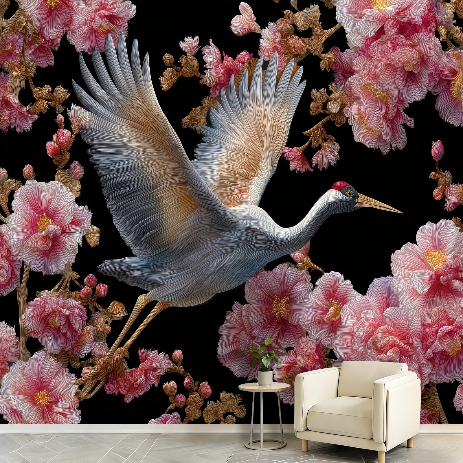 Carta da parati fotografica in tessuto non tessuto con gru e fiori di ciliegio, 200 x 140 cm (larghezza x altezza), motivo cineserie, animali orientali, floreale, per cucina, sala da pranzo, ufficio