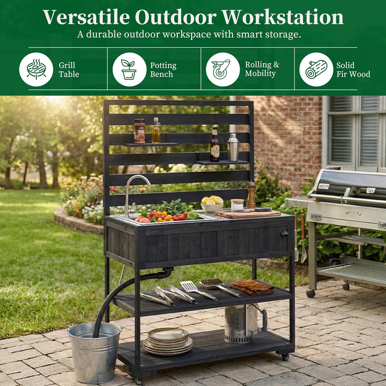 Outdoor Grill Cart with Sink - Solid Wood Kitchen Island with Stainless Steel Table Top, High Shelf, Storage Cabinets & Lockable Wheels, Mobile Potting Bench Table for BBQ & Garden (Black)