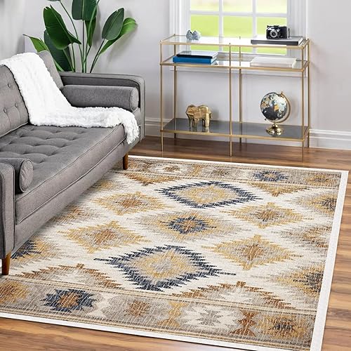 JHIQYVA Bohemian Distressed Vintage Area Rug for Living Room,Bedroom,Hallway,Entrance,Non-Slip,Non-Shedding,Easy to Clean,Soft Floor Decorative Rug,Yellow-Brown,4x6 Feet