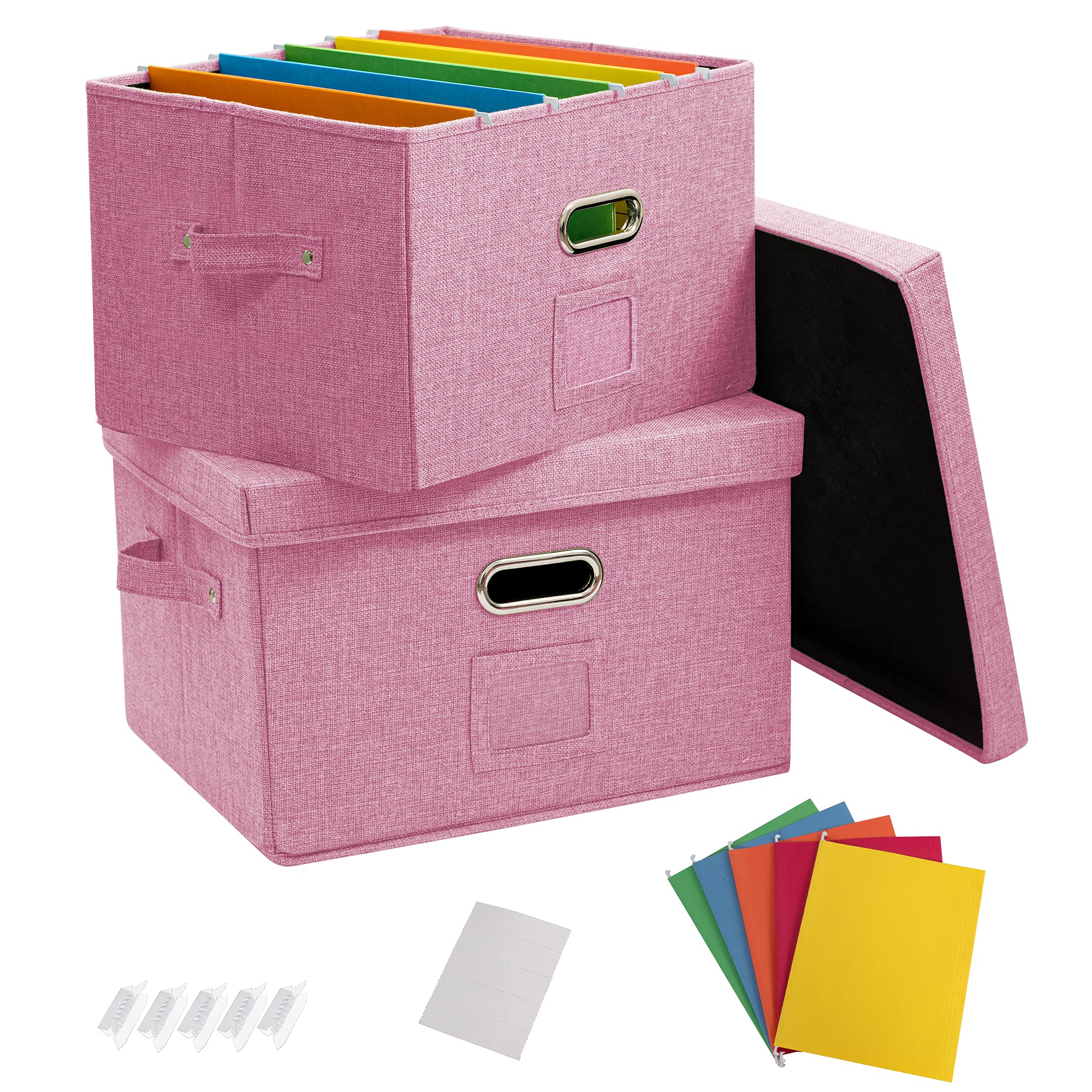 JSungo 2 Pack File Box with 10 Hanging Filing Folders, Document Organizer Storage with Lid, Collapsible Linen Hanging Filing Organization, Office Portable Storage with Handle, Pink