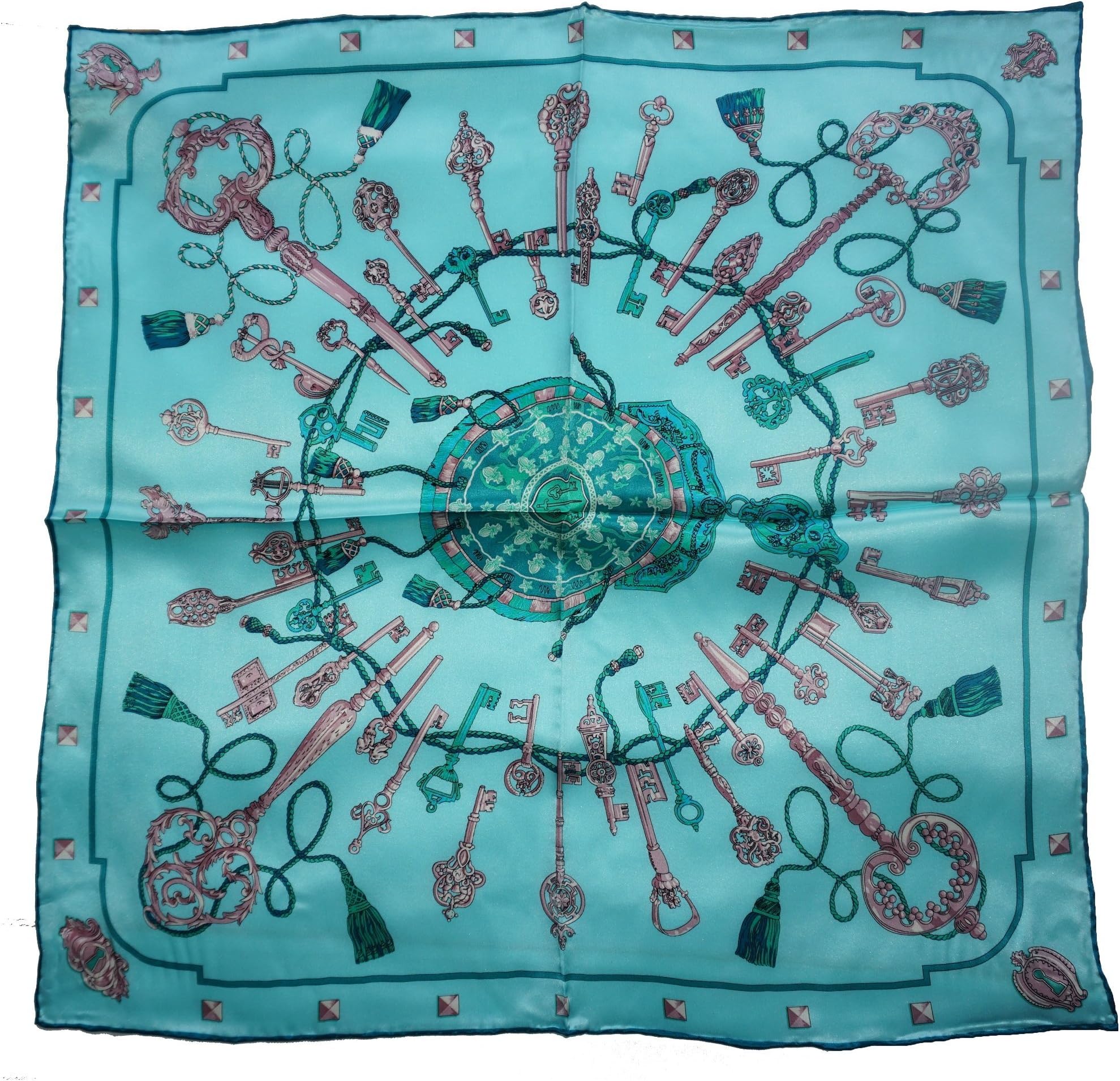 100% Silk Scarf Shawl, Scarfs for Women, Small Square, 20 inch x 20 inch (Green keys)