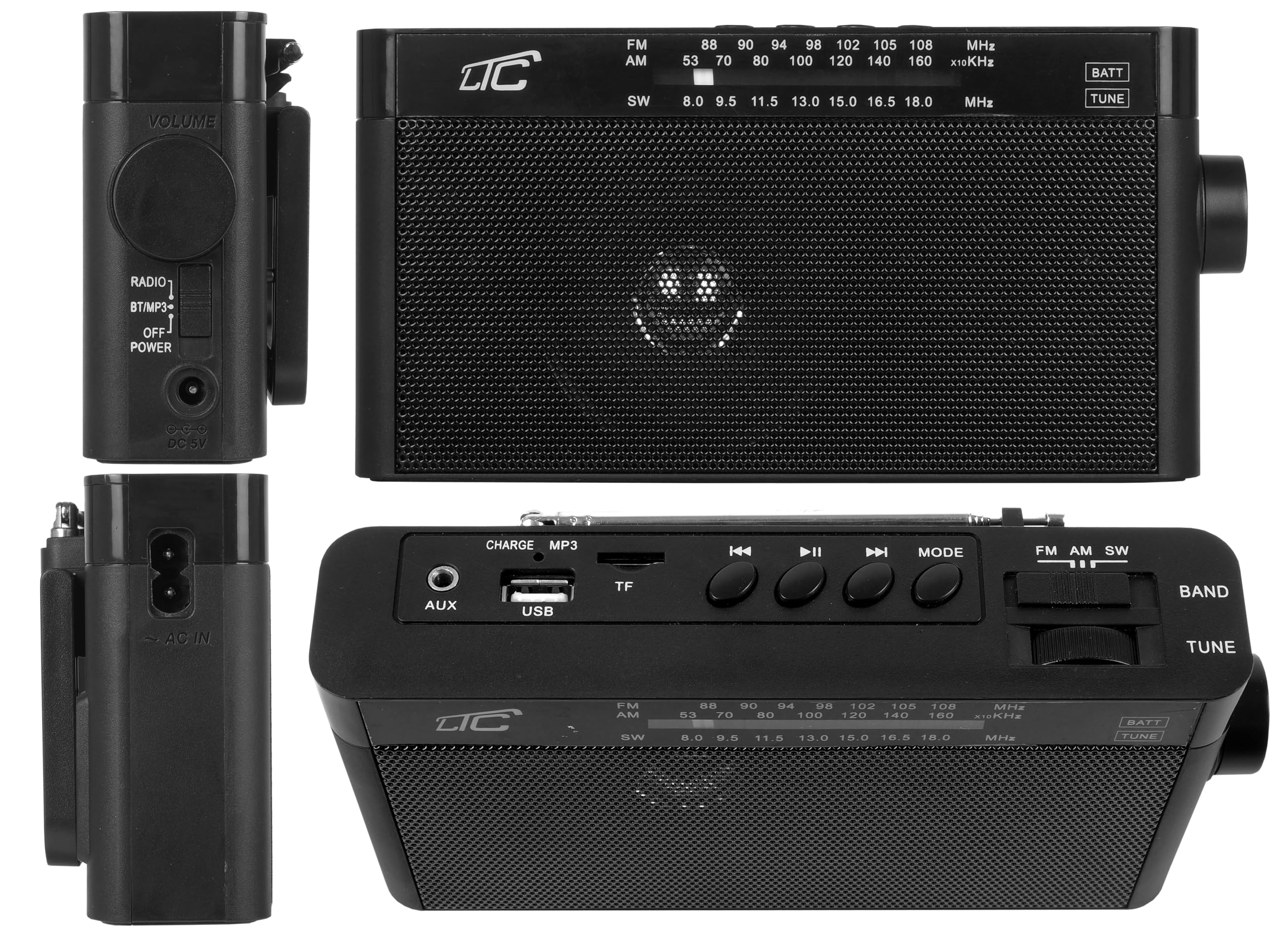 LTC Sona przenośne radio retro z Bluetooth/AM/FM / MP3 / USB/SD 1200 mAh akumulator antena teleskopowa (czarna)