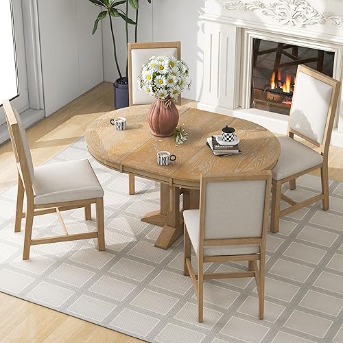 Miniatura 16 de LUMISOL Juego de mesa de comedor redonda extensible para 4 a 6 personas, juego de mesa de cocina de comedor de granja con 4 sillas tapizadas, juego