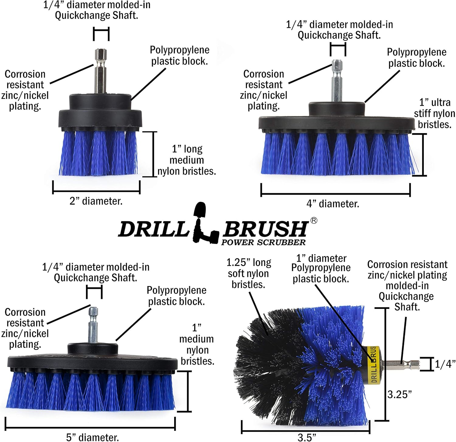 Aquatic All-Purpose Cleaning Brush Set - Medium Stiffness Blue Brushes - Long Reach Extension Attachment Kit - Aquarium Cleaning Products - Fish Tank Cleaner Brushes - Boat Scrub Brush - Hull Scrubber