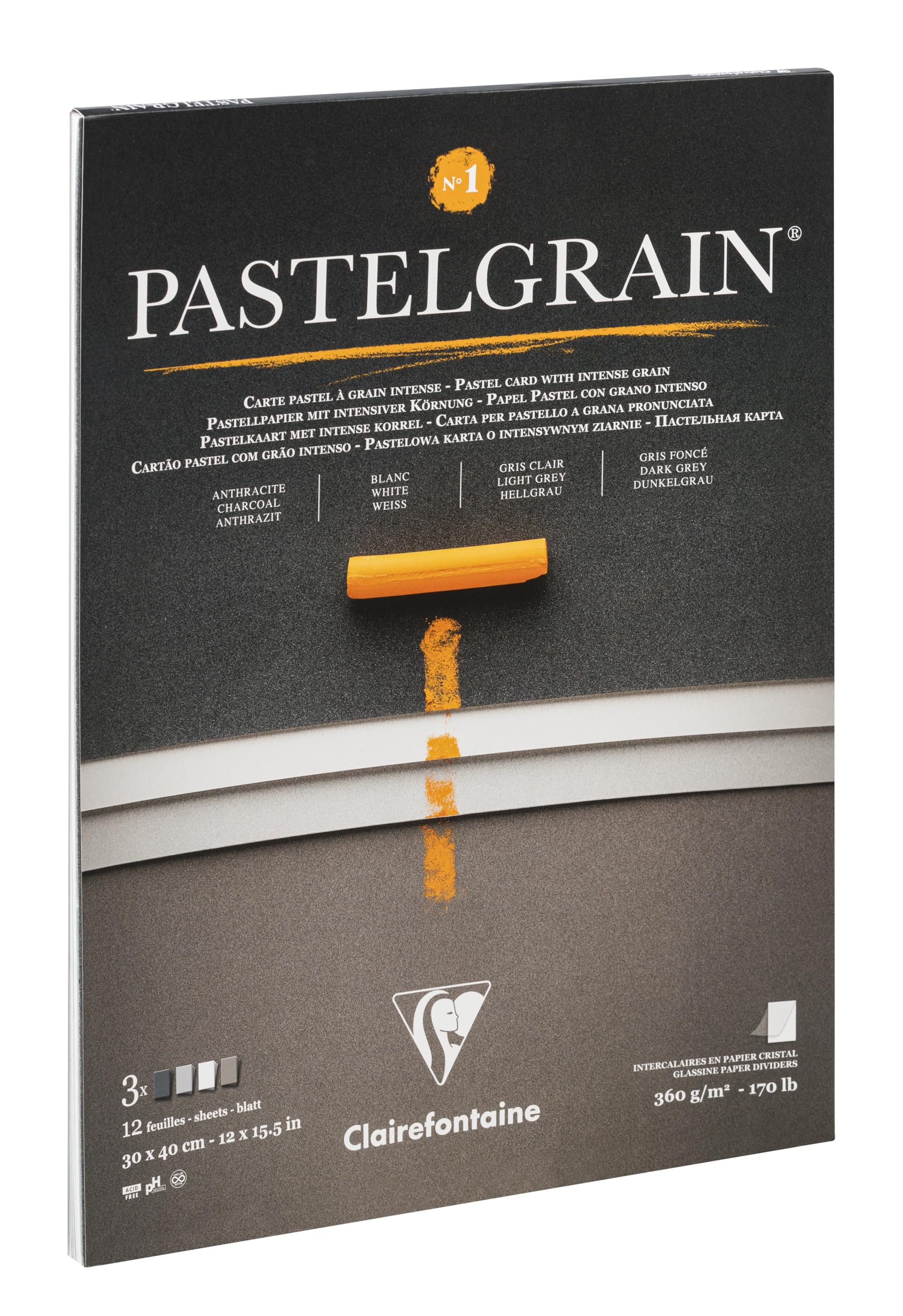 Clairefontaine 976059C Blocco collato PastelGrana n°1-12 fogli di carta speciale per pastelli secchi - 30x40 cm 360g - Assorti teintes grigioes - divisori di carta Cristal