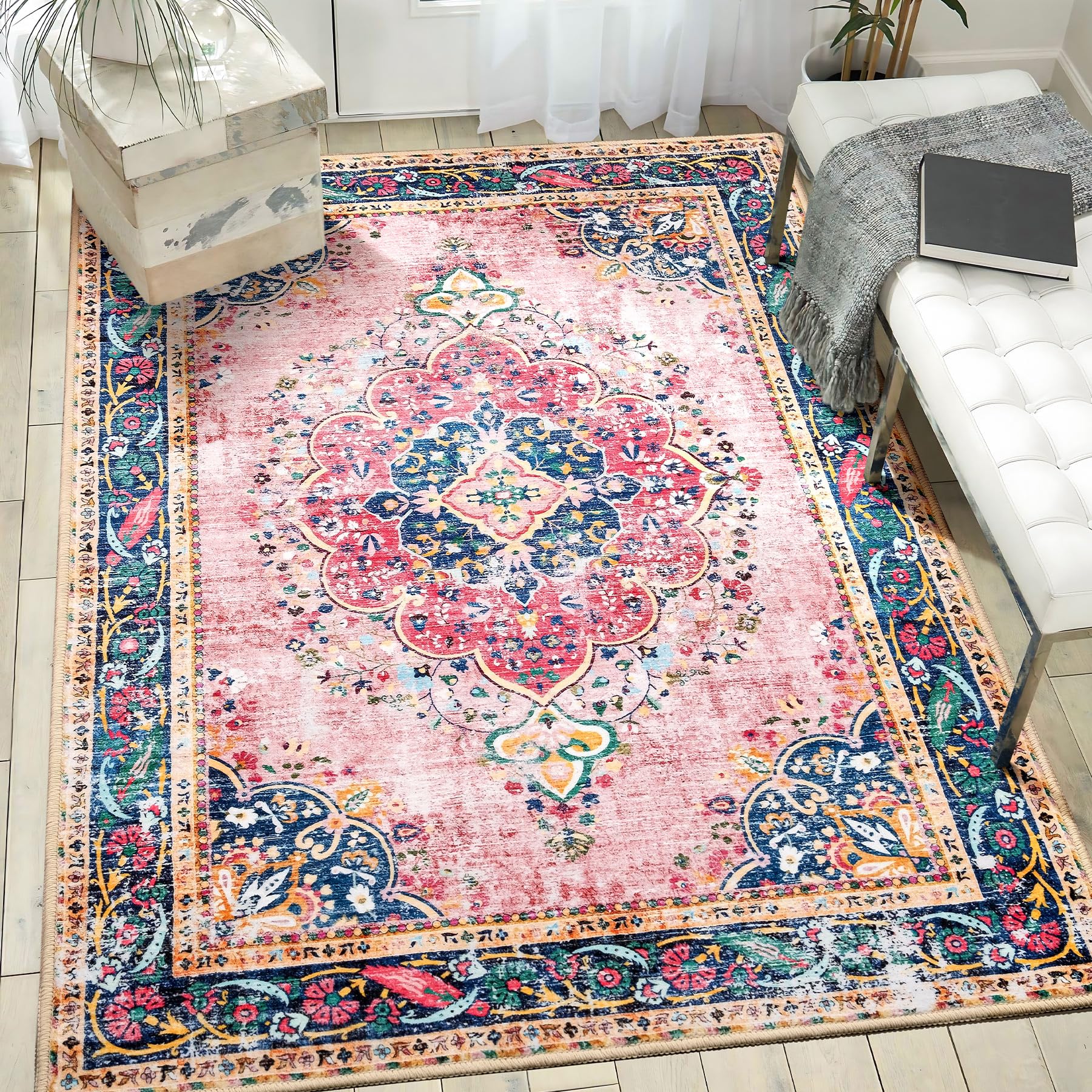 YesRug Area Rug 4x6.5 Pink Boho Rug Washable Vintage Rug for Kitchen Living Room Bedroom Bathroom Office Low Pile Non Slip Indoor Floor Carpet