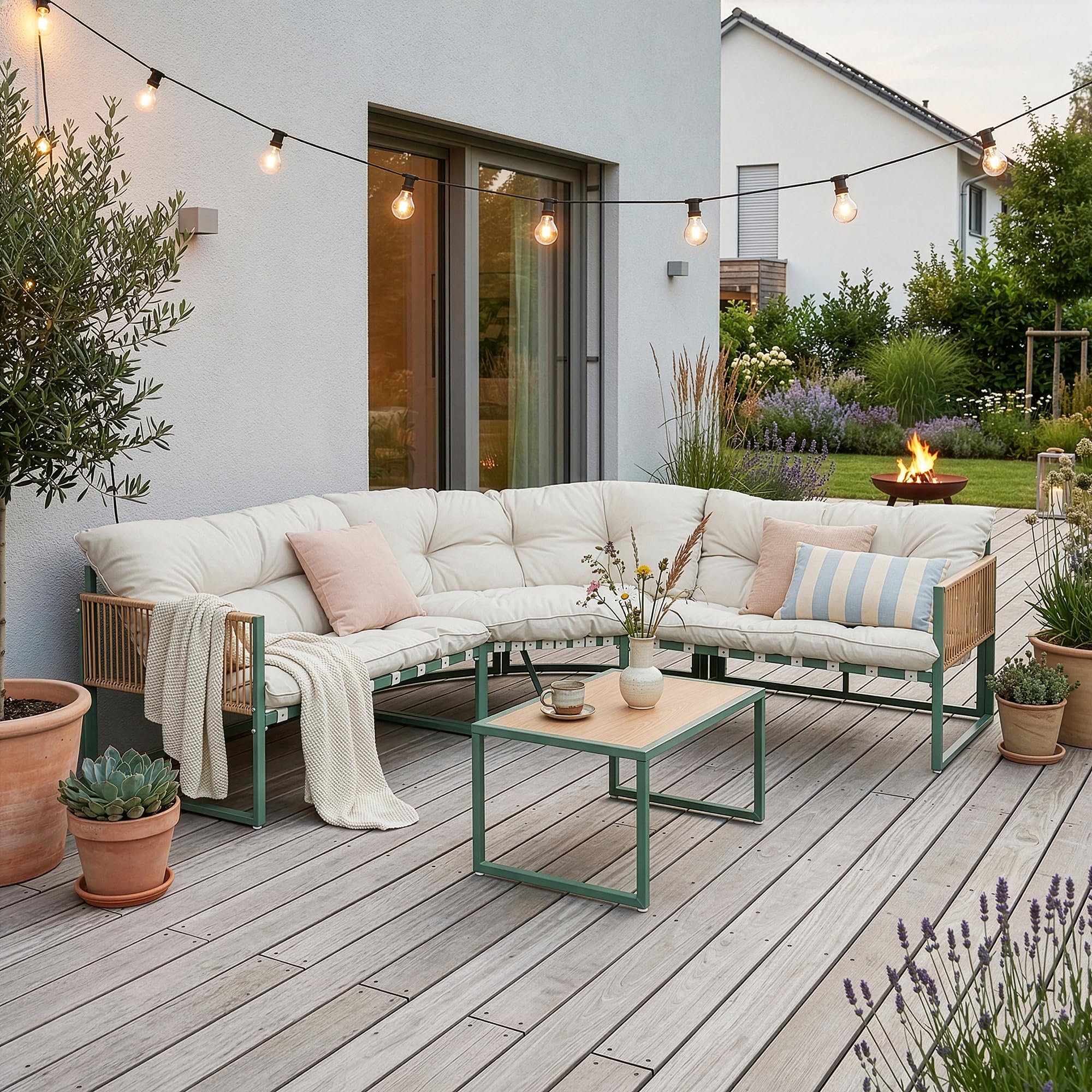 casa.pro Salon de Jardin 4 Pièces Table Basse Verre avec Canapé Ensemble de Meubles Extérieur Résistant Mobilier Jardin Confortable Design Terrasse Patio Détente Acier Polyester Vert Beige