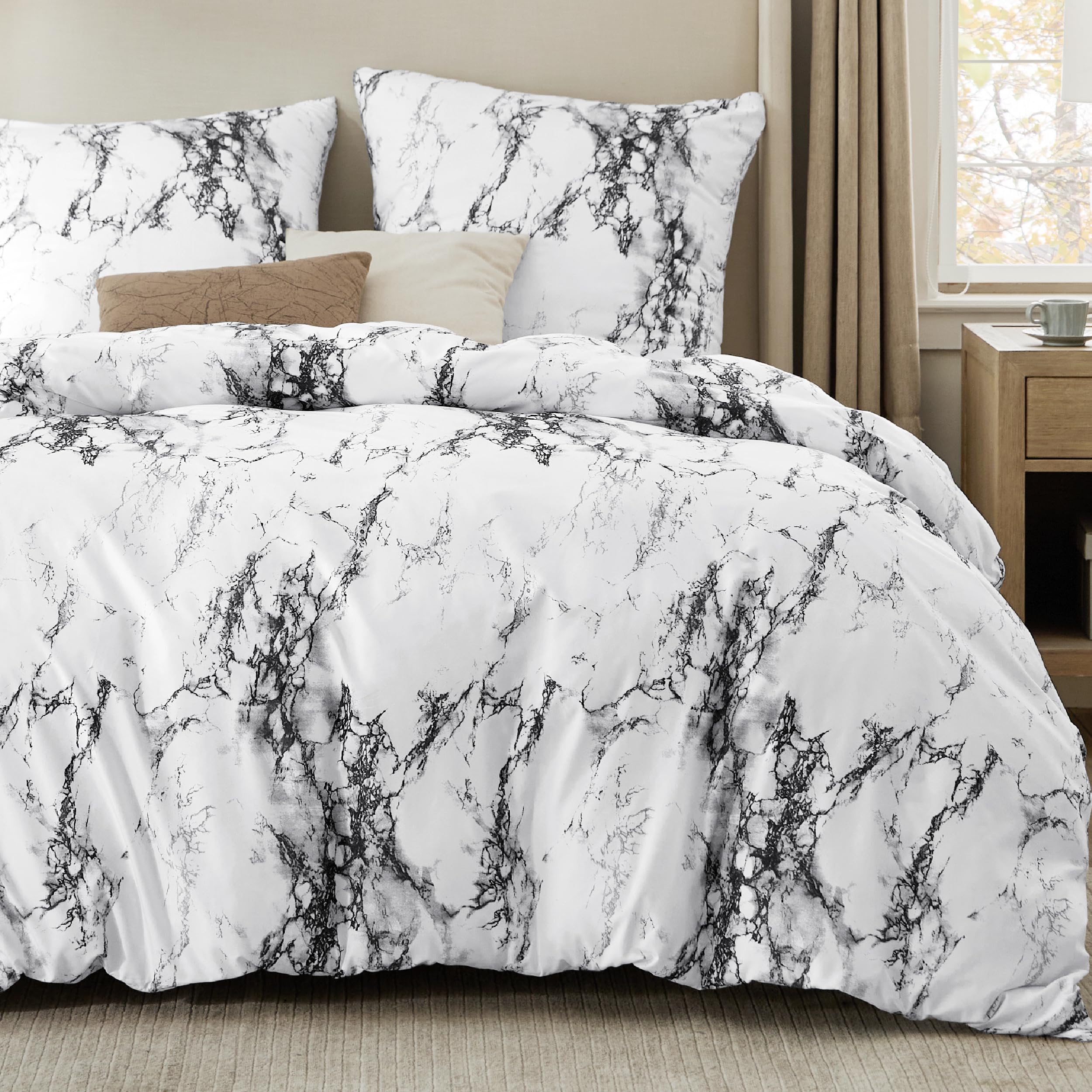 BEDSURE Bettwäsche 200x200 3teilig Bettbezug - Bettwäsche-Sets 200 x 200 cm mit 2 Kissenbezüge 80x80 cm, Weich Wendebettwäsche Bedding Marmor Weiß für Doppelbett mit Reißverschluss