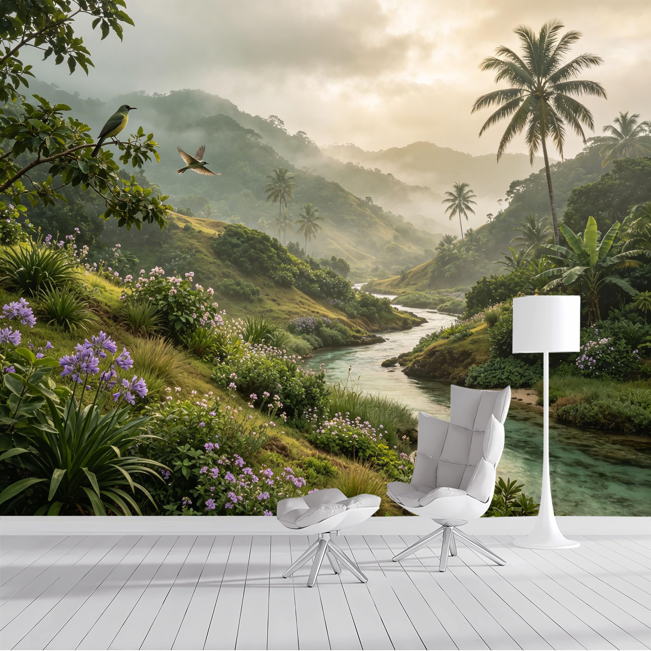 Custom Size Wall Mural Tropical River Birds Lush Landscape Watercolor SelfAdhesive Wall Fabric Removable Peel and Stick Wallpaper Wall Decor for Living Room Bedroom Bathroom