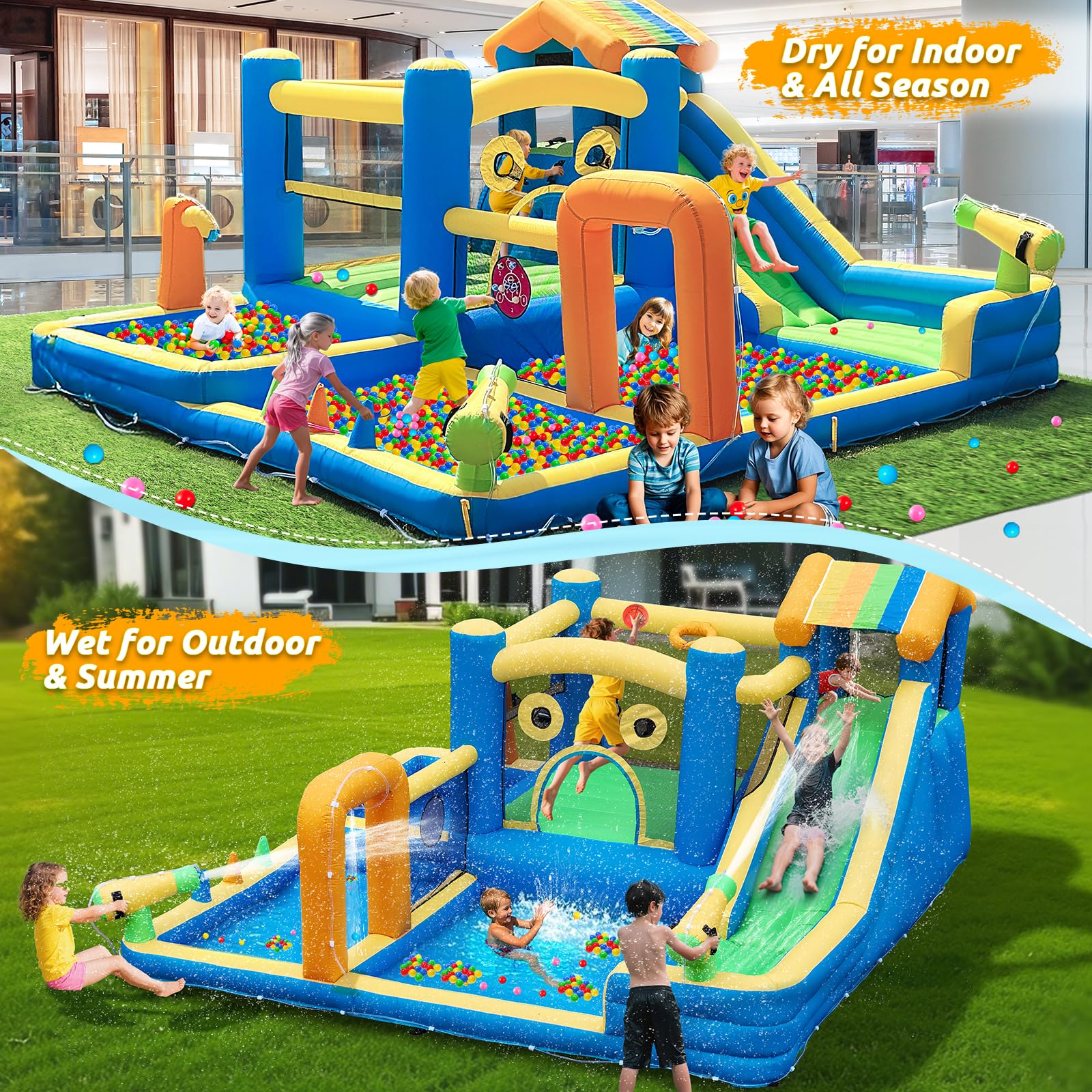 Hüpfburg für Kinder, 10 in 1 Aufblasbare Hüpfburg mit Wasserrutsche, Wasserspritzern, Klettern, Springen, Fußballfeld und Basketballkorb, XXL Hüpfburg mit Gebläse für den Innen- und Außenbereich