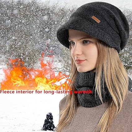 Sets Sjaal Muts Handschoenen Dame Set van Wintersjaal Gebreide Muts Beanie Donkerblauw