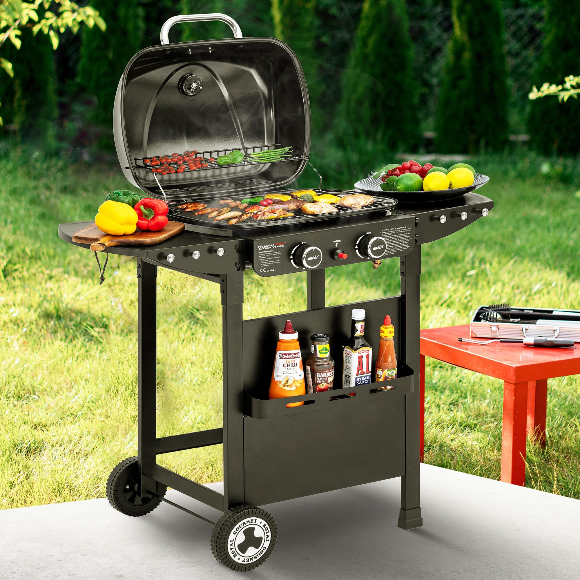 Royal Gourmet 2 Brûleurs Barbecue Gaz sur Chariot, 2 en 1 Plaque et Grille Combinés avec Tables Latérales Pliables et Couvercle, Puissance 5kW, Adapté pour Jardin et Camping, Noir