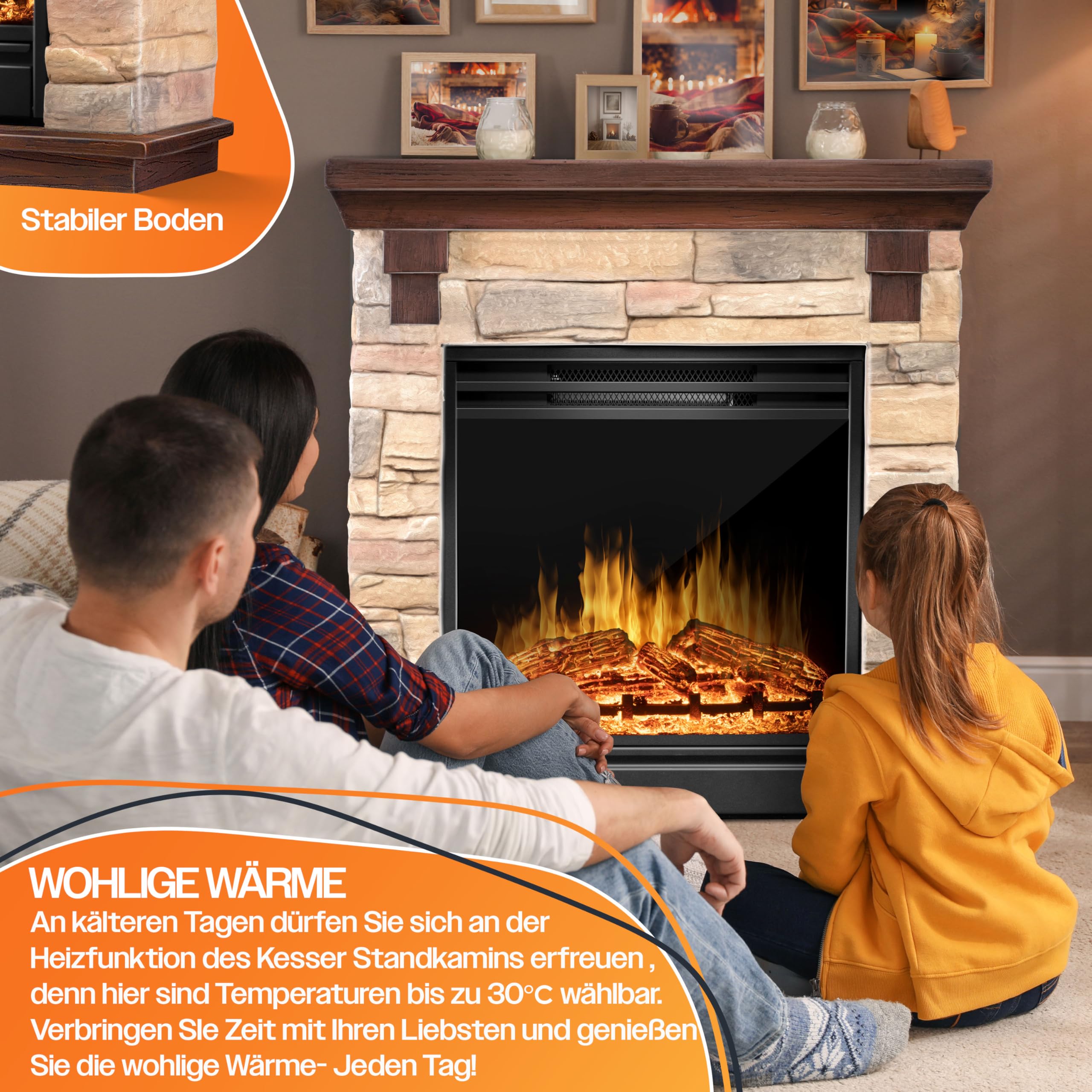 KESSER® Chimenea eléctrica - Chimenea eléctrica con Efecto de Llama LED 3D, con función de calefacción, Chimenea eléctrica con 1800W de Potencia, Temporizador semanal, Natural/Marrón