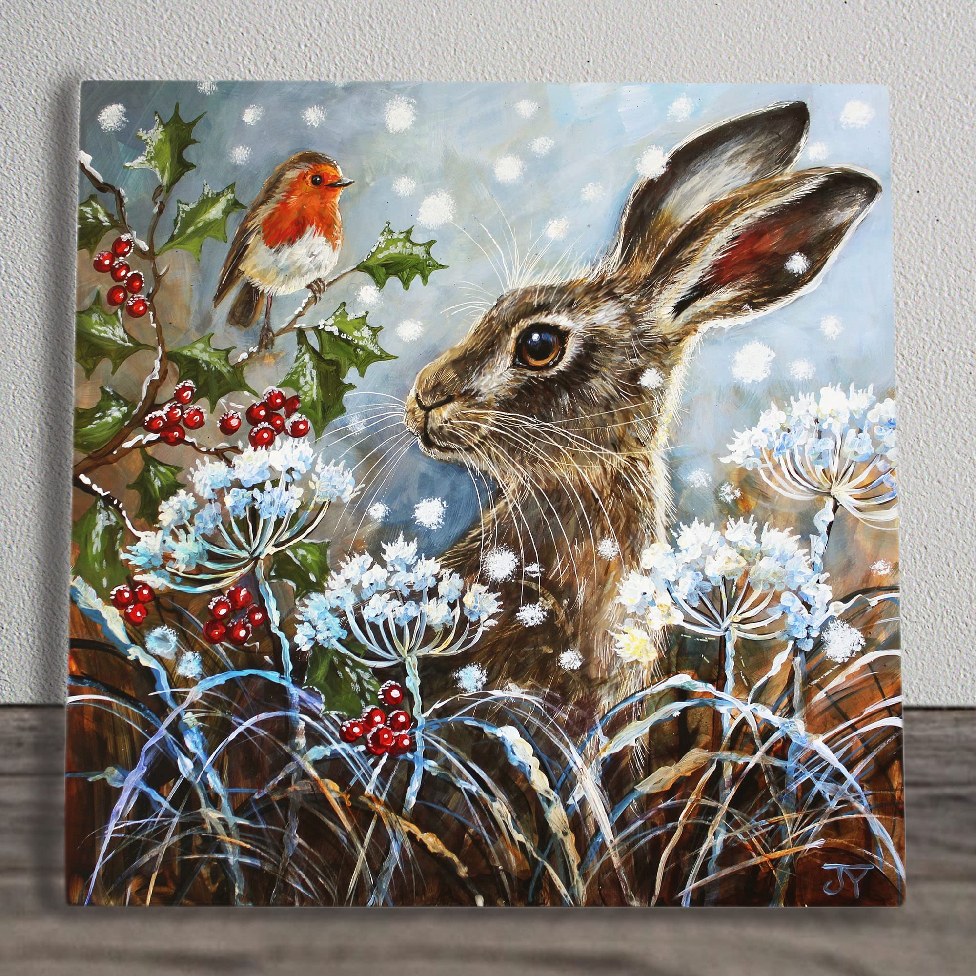 Winter Flurry Hare Ceramic Picture Tile Artwork By Judith Yates Hanging Wall Art Home Décor