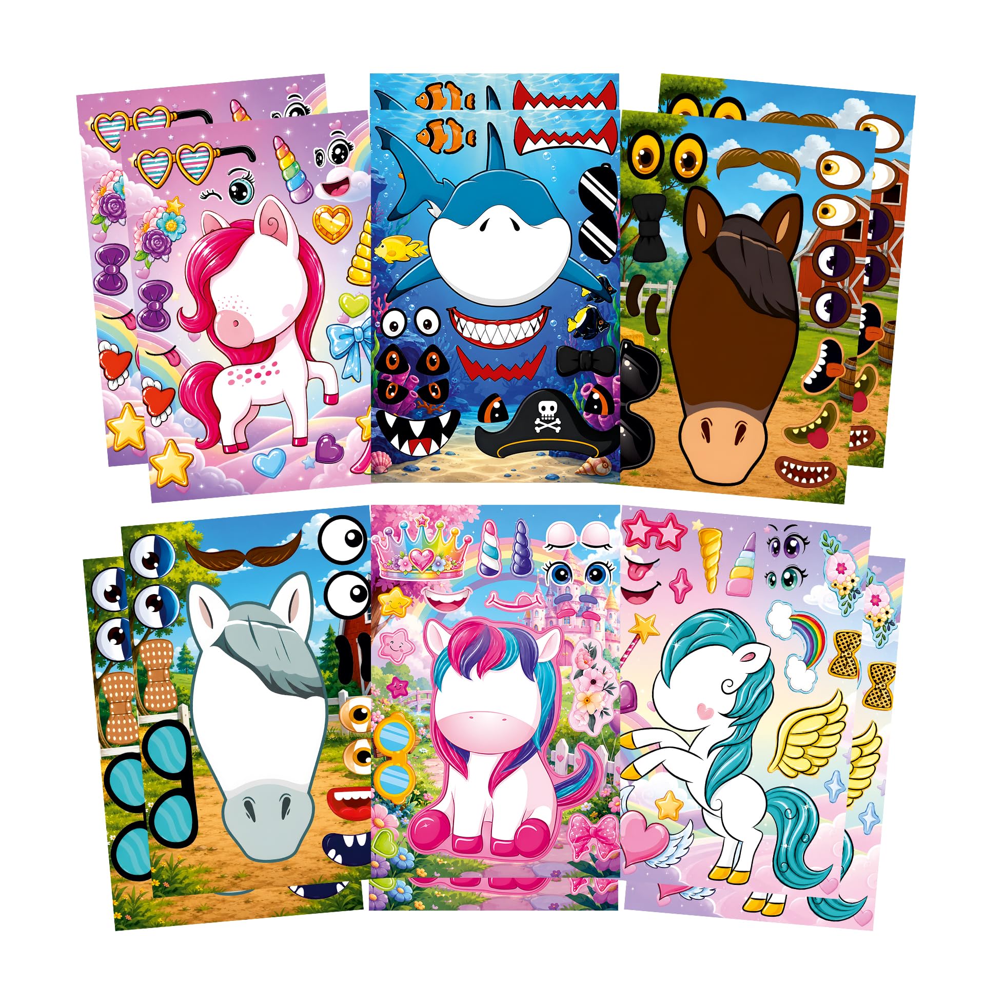 CodersParadise Fantasy Horse & Shark Make-a-Face Sticker Activity Set, 12 Sticker Sheets, Unicorn, Pegasus, Horse & Shark Face Stickers, DIY Sticker Craft for Kids, Birthday Party Favors