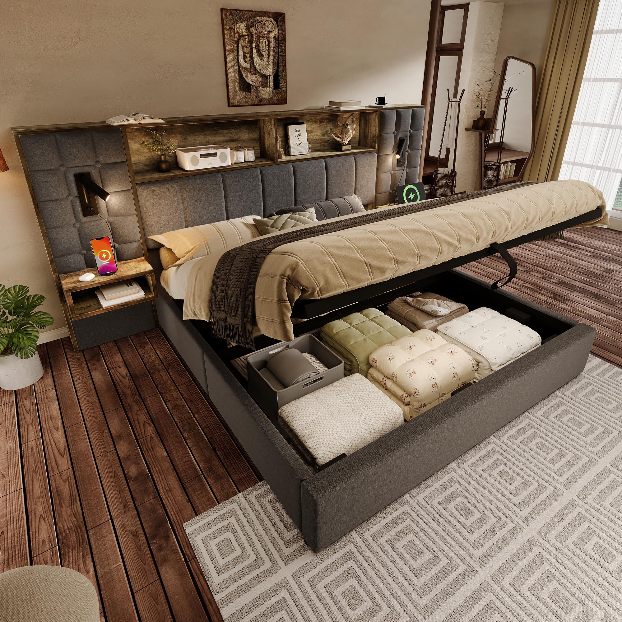 Kebnor Polsterbett mit Stauraum, Systembett, LED & 2 Leselampen, 2 integr. Nachttische, USB Type-C Ladeport, Leinenstoff, inkl. Lattenrost, ohne Matratze (Grau, 180x200cm)