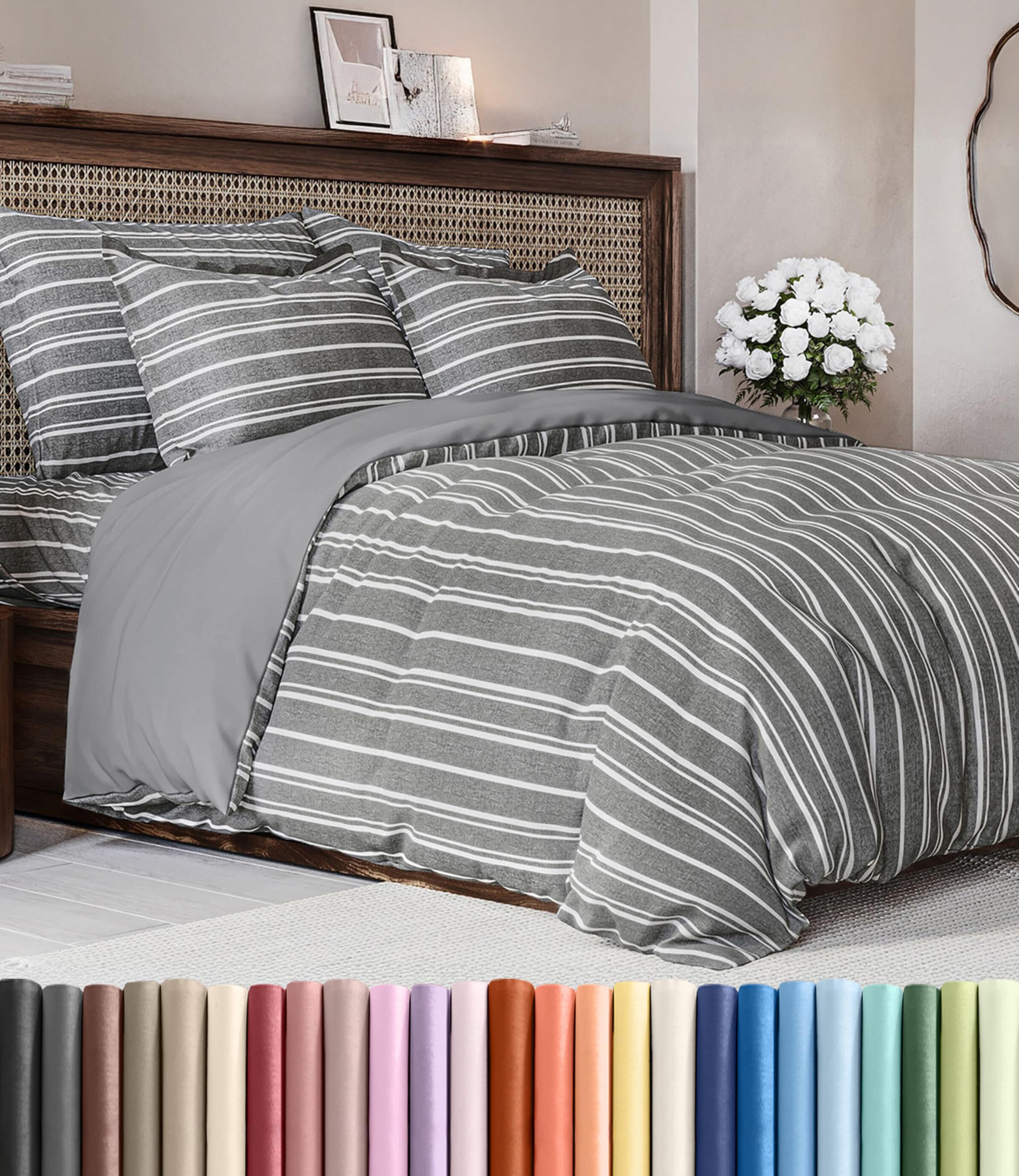 Duvet Cover King Size - 3 Piece with Zipper Closure - Grey Stripes