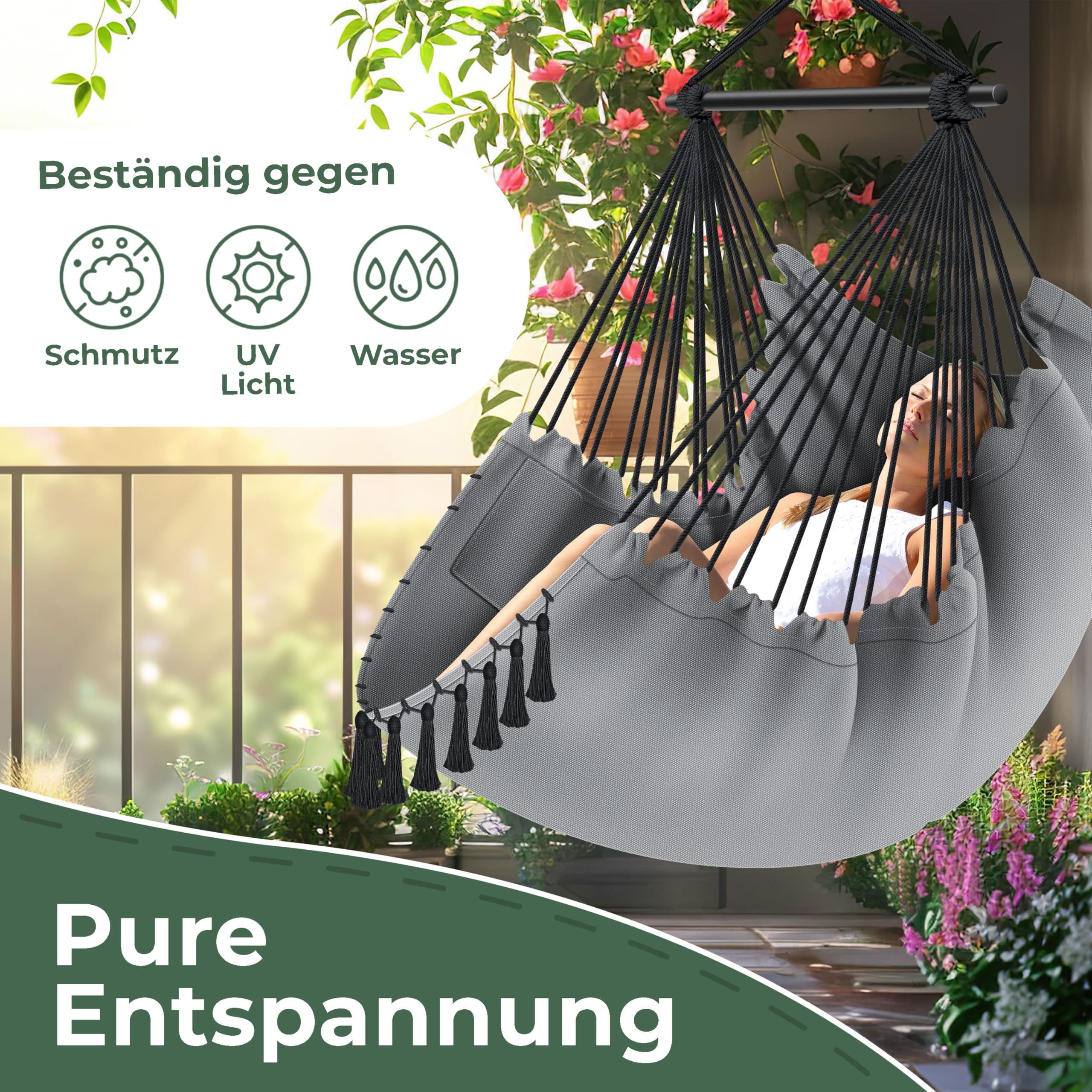 KESSER® Hängesessel Safari XXL Hängestuhl für Erwachsene & Kinder Hängematte bis 150 kg Hängesitz Aufhängung Indoor-Outdoor-Wohnen Inkl. Tragetasche, 2 Kissen, Getränkehalter & Bücherfach, Grau
