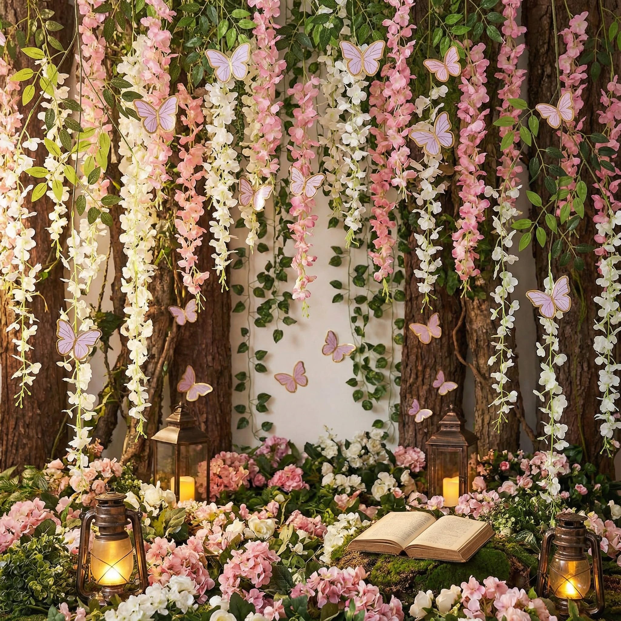 Canlierr 58 Pcs Fairy Party Garland Decoration Artificial Wisteria Hanging Flowers Garland 3.6 Feet Vine Rattan Ivy Greenery Butterfly Decor for Spring Home Garden Wedding Party(Pink, White)