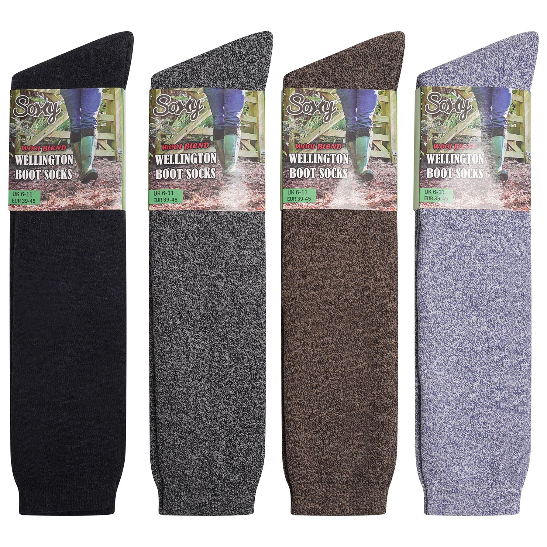 SoxyMens Wool Blend Long Wellington Boot Socks - 4 Pack - Welly Socks - The Original Wellie Sock - Festival Walking Hiking Thermal Socks - Assorted Colours - UK Shoe Size 6-11