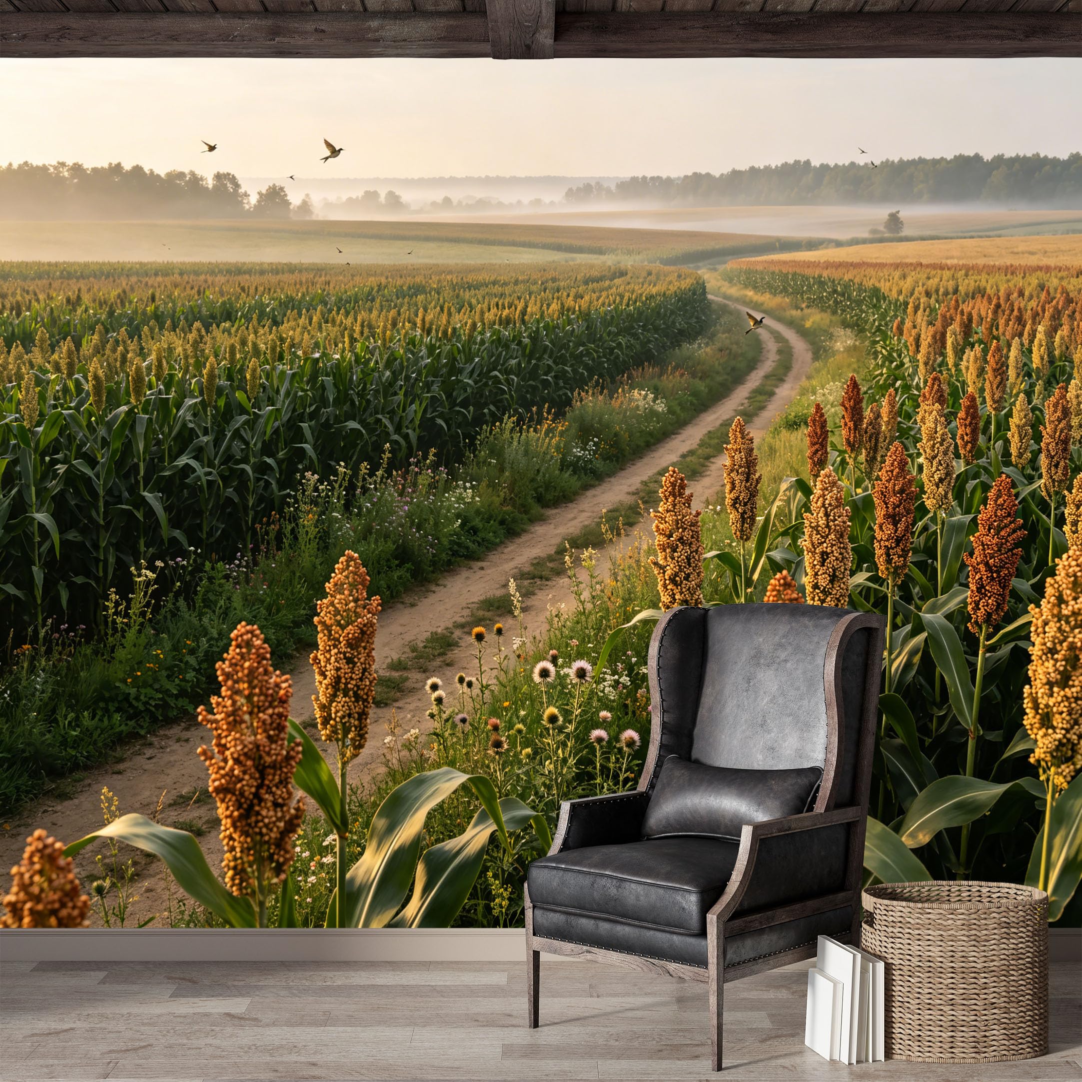 Custom Size Wall Mural,Rural Field Landscape Sorghum Harvest Morning Mist Farmhouse Premium Water Activated SelfAdhesive Wallpaper,Removable Wall Covering for Indoor Home Decor