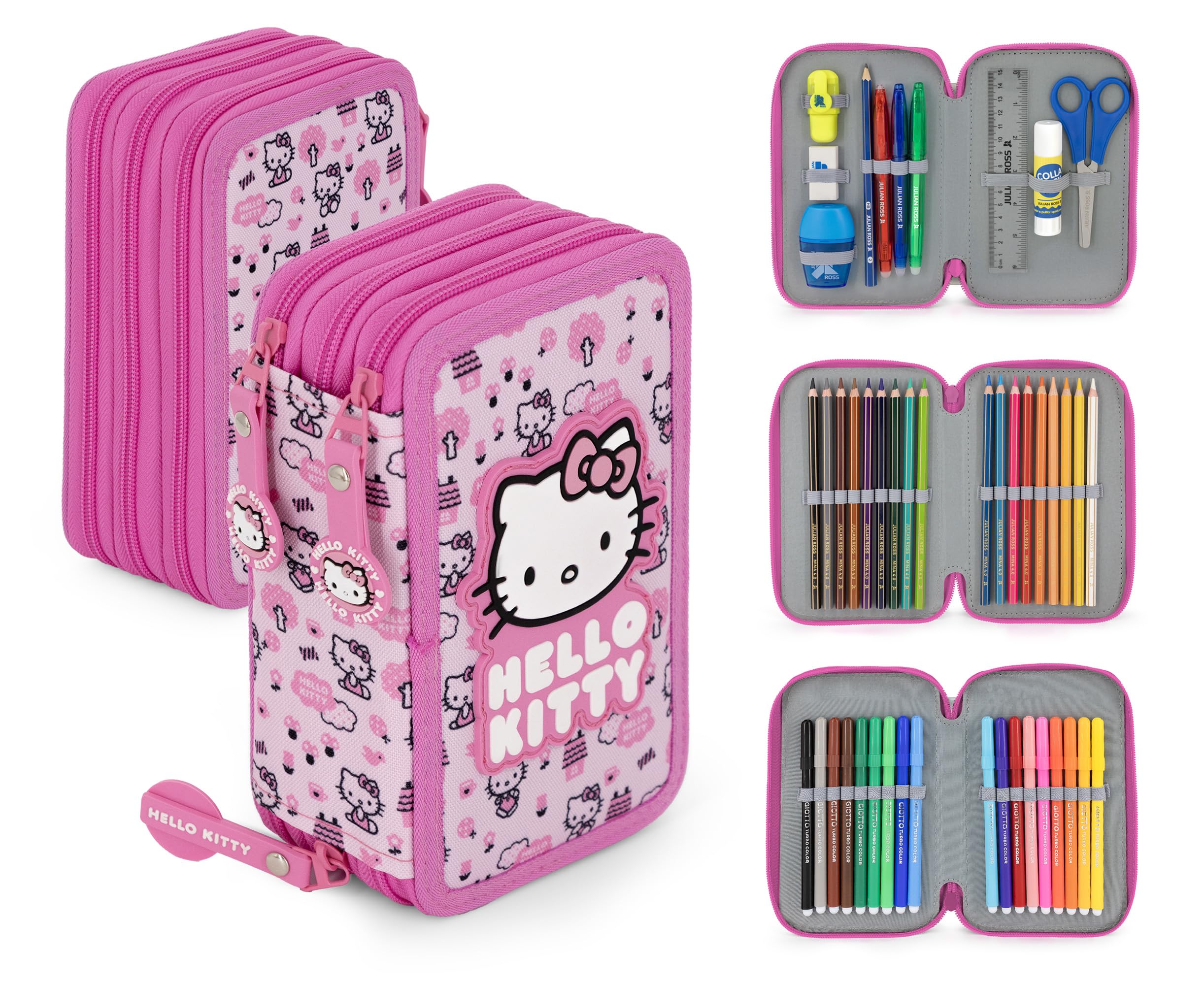 Schulrucksack Set Mädchen Grundschule 6-10 Jahre für Hello Kitty Fan, Rucksack (43x33x15 cm) & 3-Fach Federmäppchen Gefüllt (46 Teile) – Schulranzen Set Ergonomisch