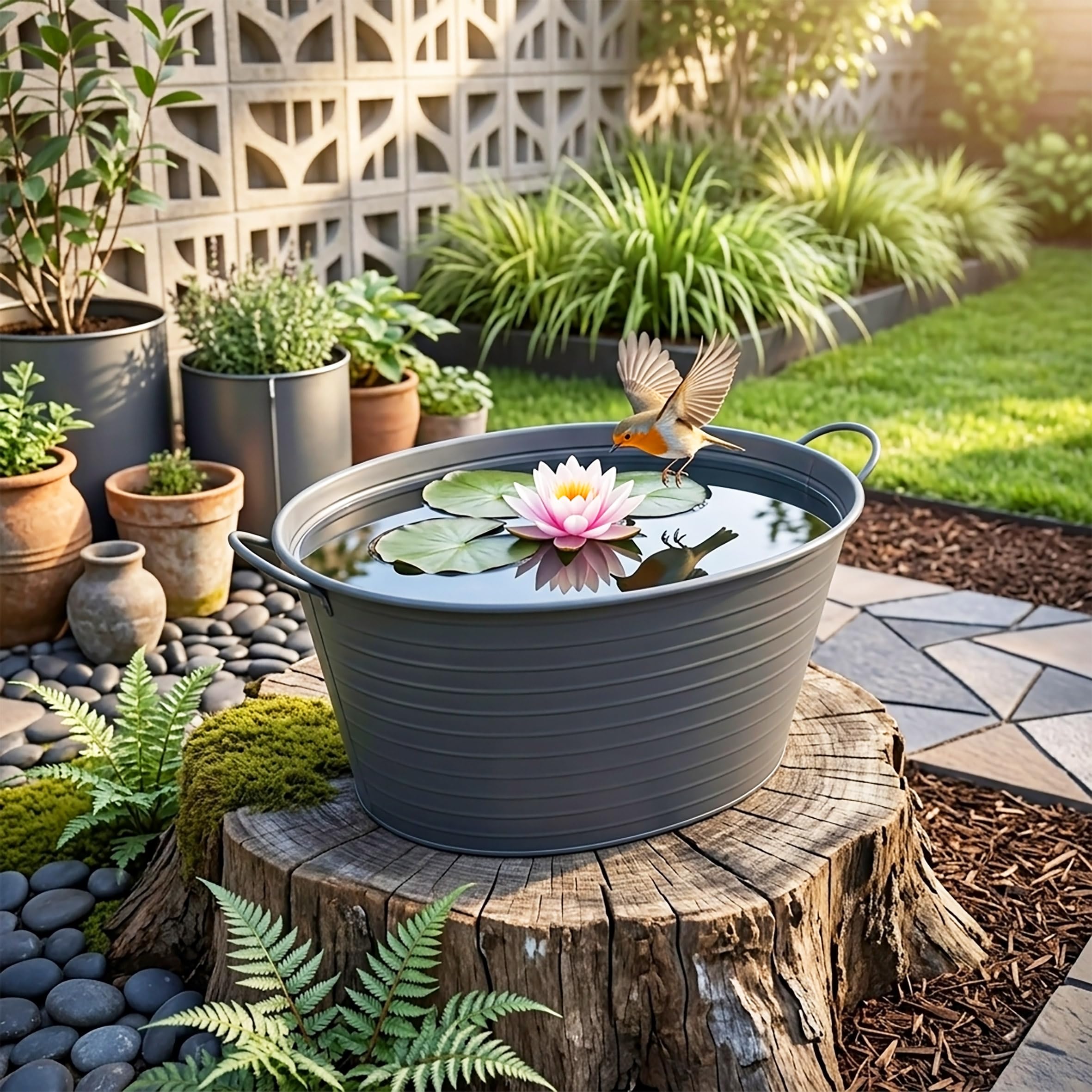 Spetebo Metallwanne oval mit Griffen, Dunkelgrau, 59 x 36 cm | Garten Metall Zierteich, Wasserwanne, Mini Gartenteich Teichwanne, Balkonteich, Blumenkübel Pflanzkübel
