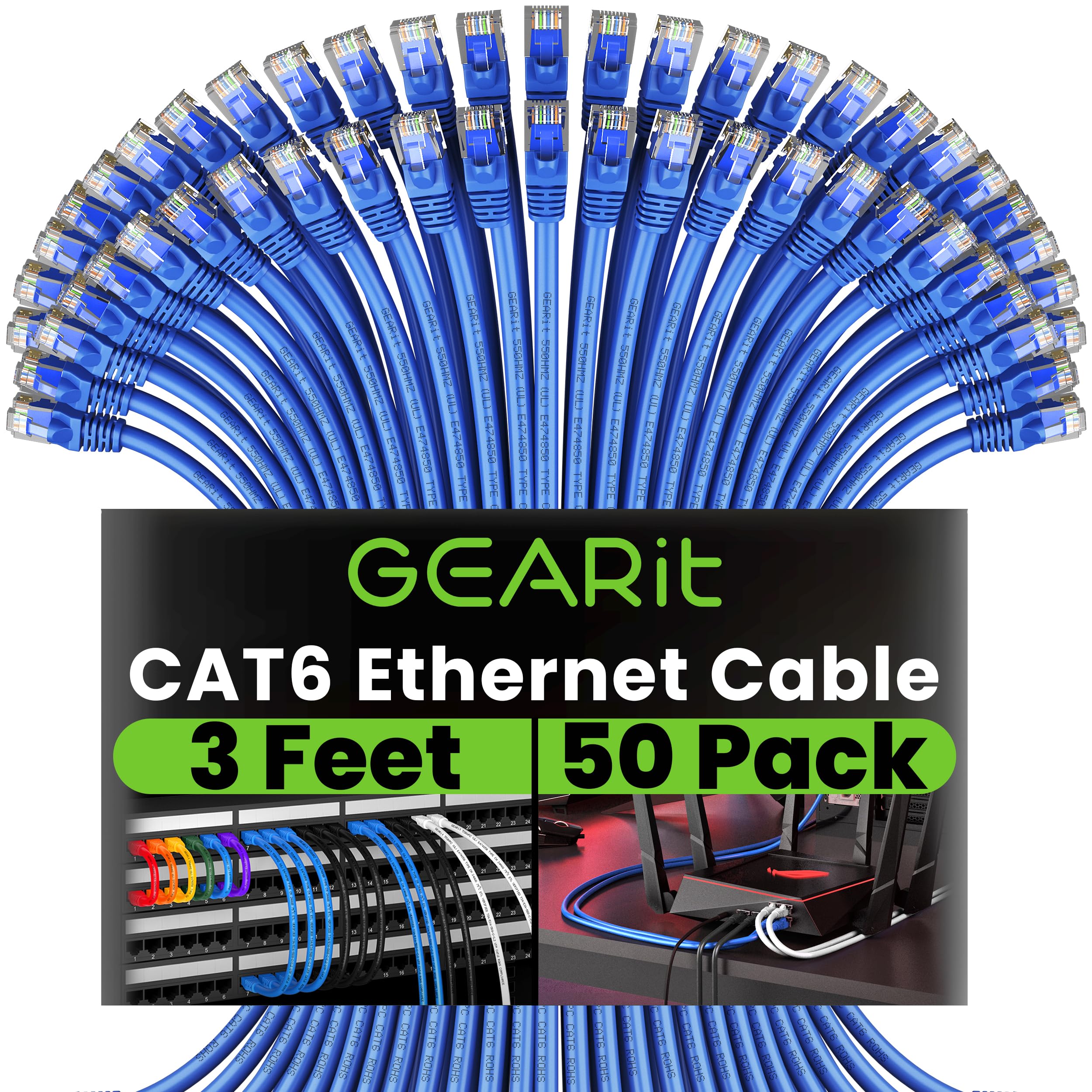 GearIT 50-Pack, Cat 6 Ethernet Cable Cat6 Snagless Patch 3 Feet - Snagless RJ45 Computer LAN Network Cord, Blue - Compatible with 48 Port Switch POE Rackmount 48port Gigabit