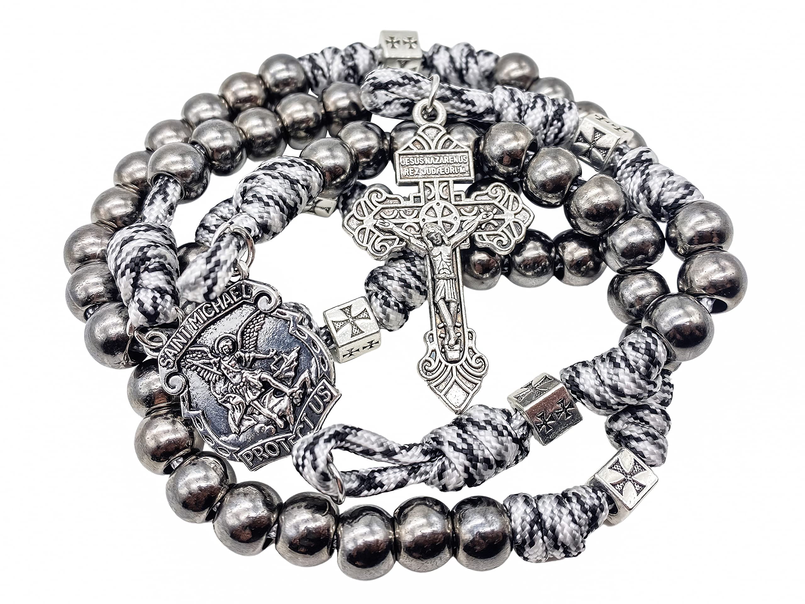 Nazareth Store Paracord Rosary Beaded Necklace St Michael Medal Resin Beads Durable Strong Rugged Cord Catholic Rosary with Pardon Cross