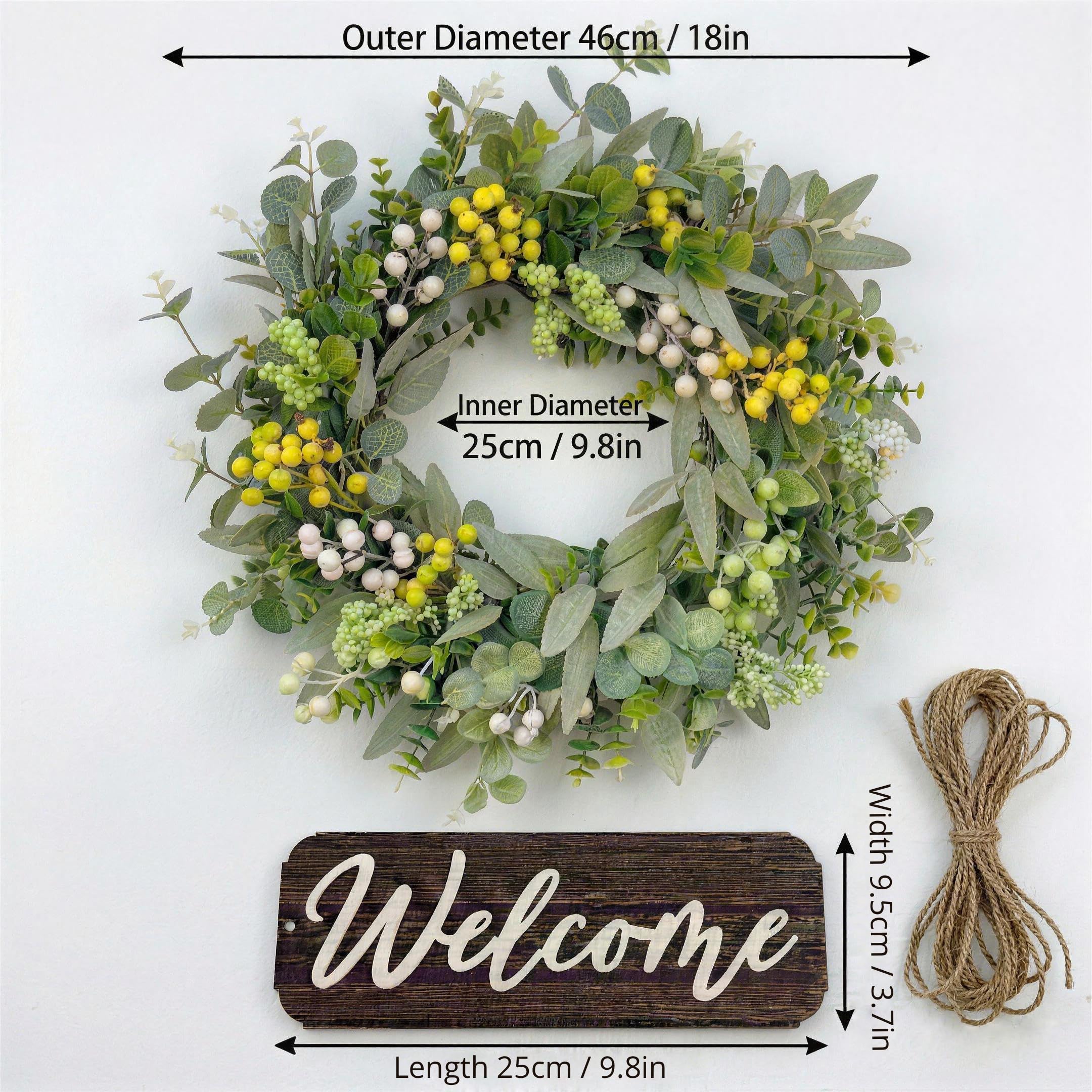 Ghirlanda di eucalipto, 46 cm, a molla, per porta d'ingresso, ghirlande estive per porte esterne, per appendere tutto l'anno, per casa colonica, ufficio, casa, decorazione per feste di nozze