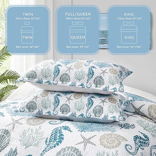 Miniatura 9 de Coastal Bedding - Juego de edredón costero tamaño Queen con 2 fundas, juegos de edredón náutico de playa con océano, colcha azul de seaturtle de