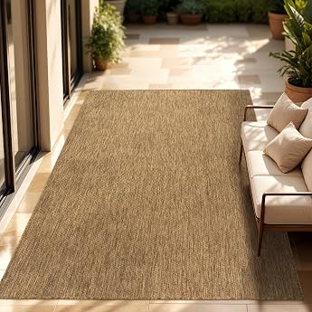 Paco Home Outdoor Rug Weatherproof Living Room/Balcony/Kitchen Rug Flat Weave Sisal Look Mottled Plain Size 140 x 200 cm Colour Coffee