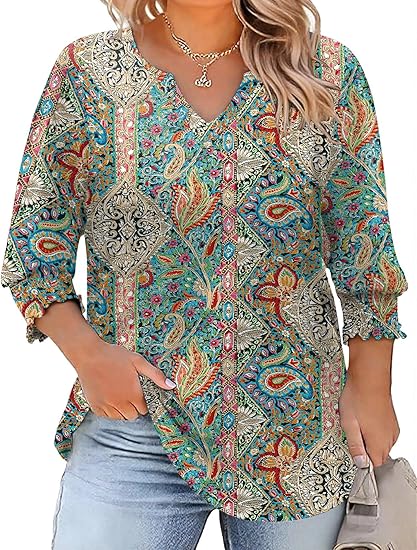 Rapbin Womens Plus Size Tops 3/4 Sleeve Blouses Shirts Casual V Neck Loose Tunic Tops 1X-5X