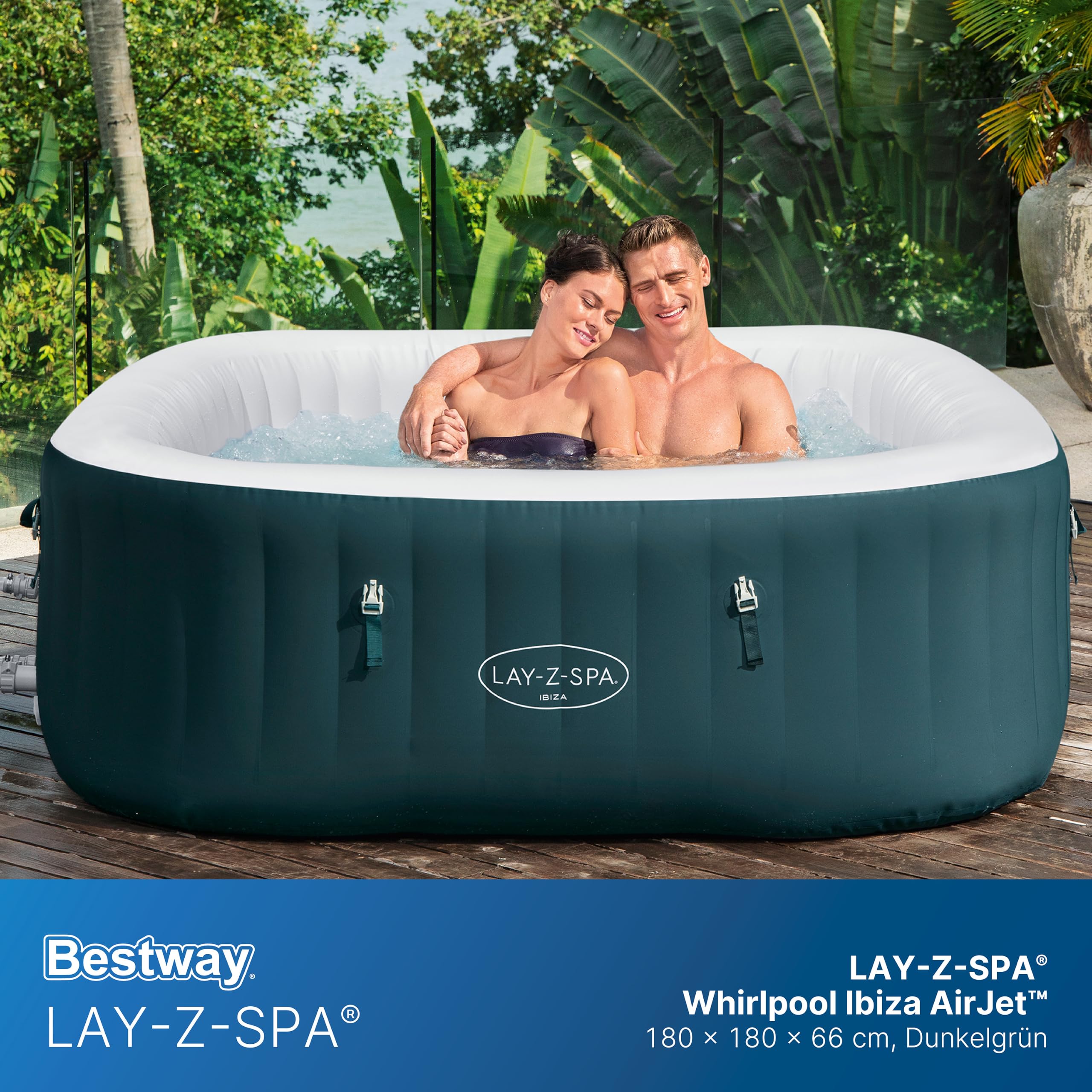 Bestway Lay Z Spa Ibiza AirJet Energiespar-Whirlpool 180x180 cm – aufblasbarer Whirlpool für 6 Personen mit 140 Luftdüsen, EnergySense Isolierung, Frostwächter & Timer – dunkelgrün