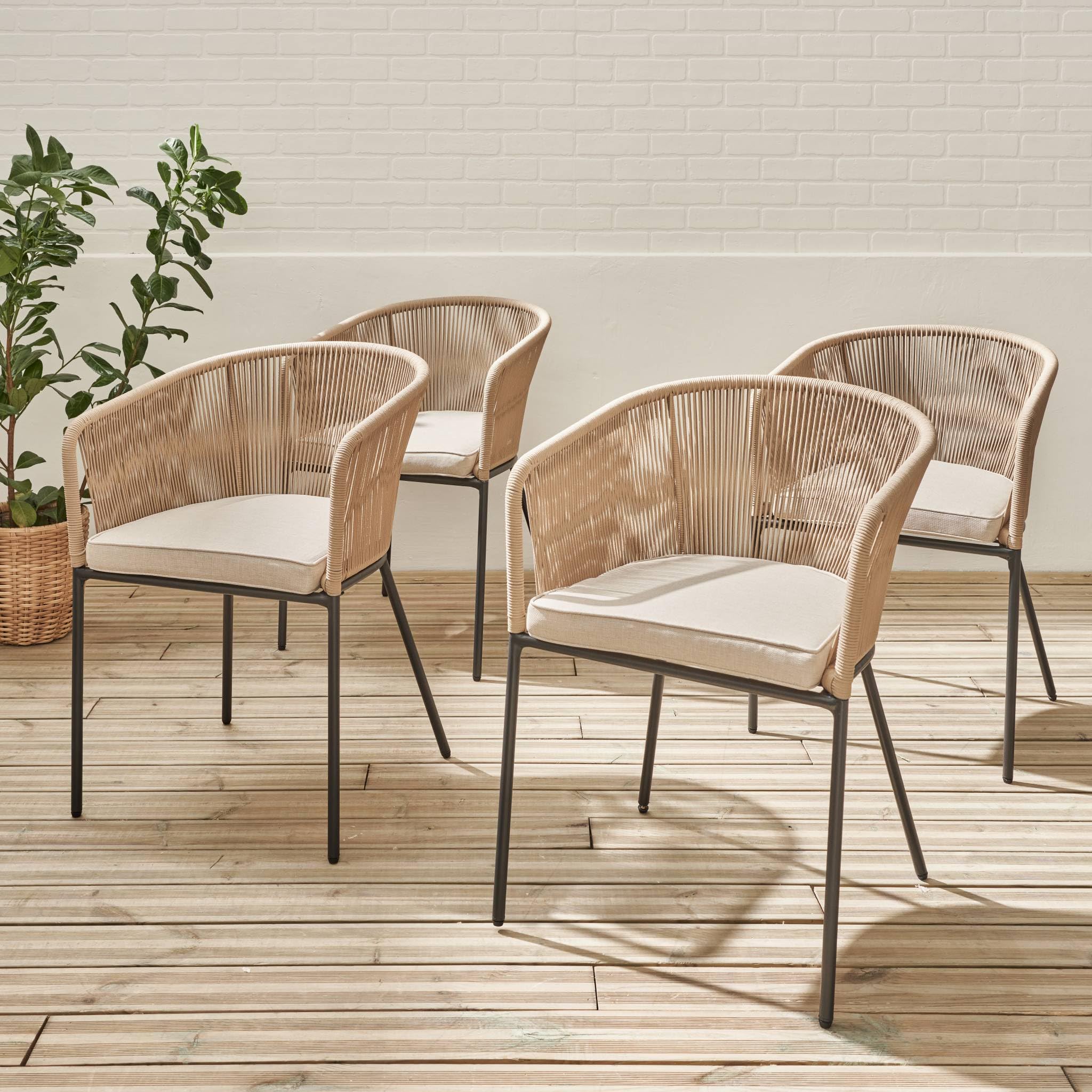 Alice's Garden - Lot de 4 fauteuils de Jardin en Corde Beige et Acier galvanisé. Coussin Beige
