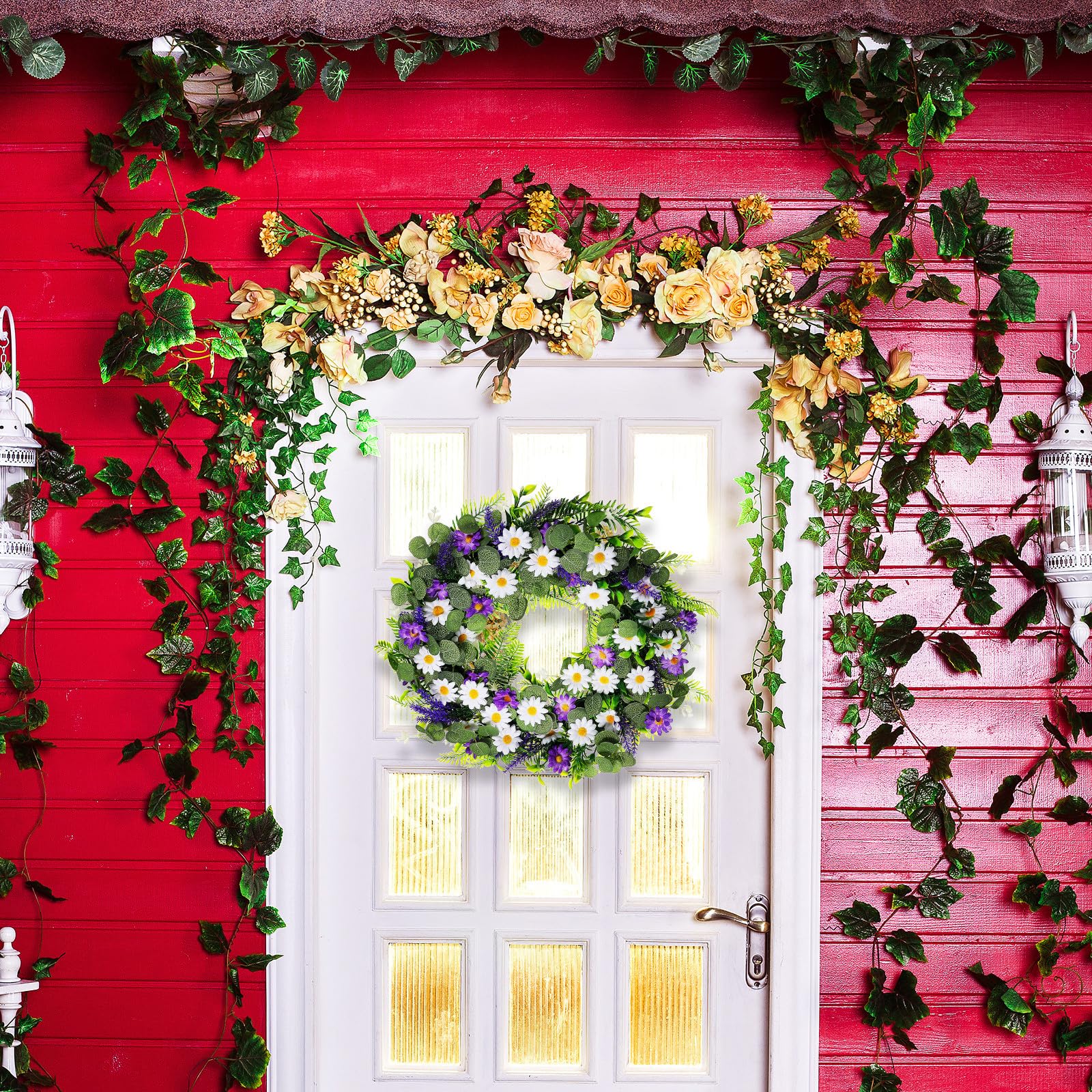 Künstlicher Lavendel Türkranz mit LED für Frühling und Sommer | Kunststoff mit Realistischer Haptik, für Partys und Hochzeiten, Zarte Form mit Natürlichem Charme