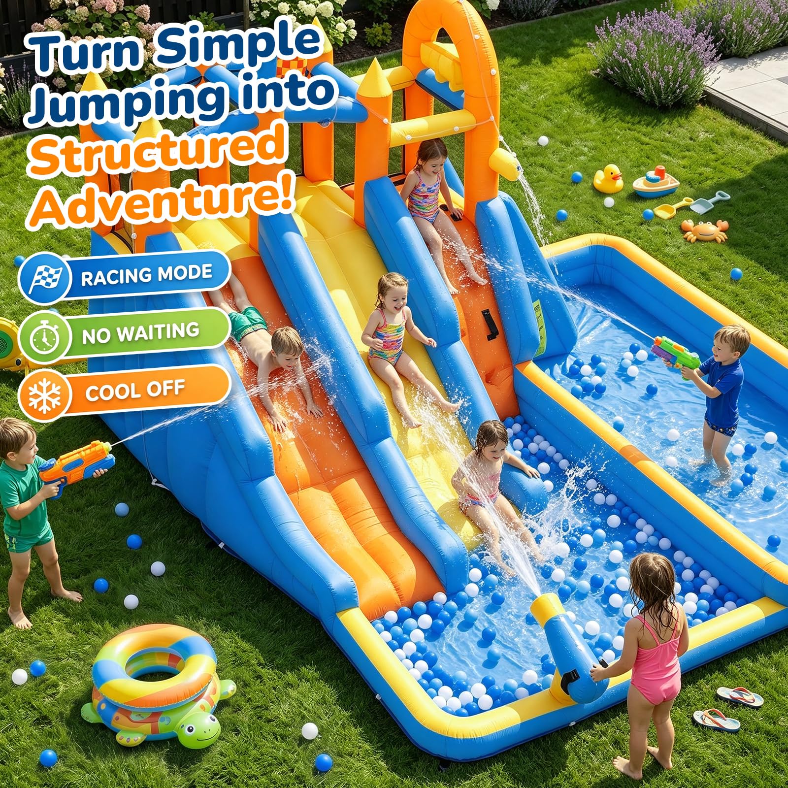 FOOING Castello Gonfiabile con 2 Scivoli Acquatici, Parete Arrampicata, Canestro Basket, Giochi da Giardino per Bambini, Piscina Esterna con Rete di Sicurezza per Feste All'aperto