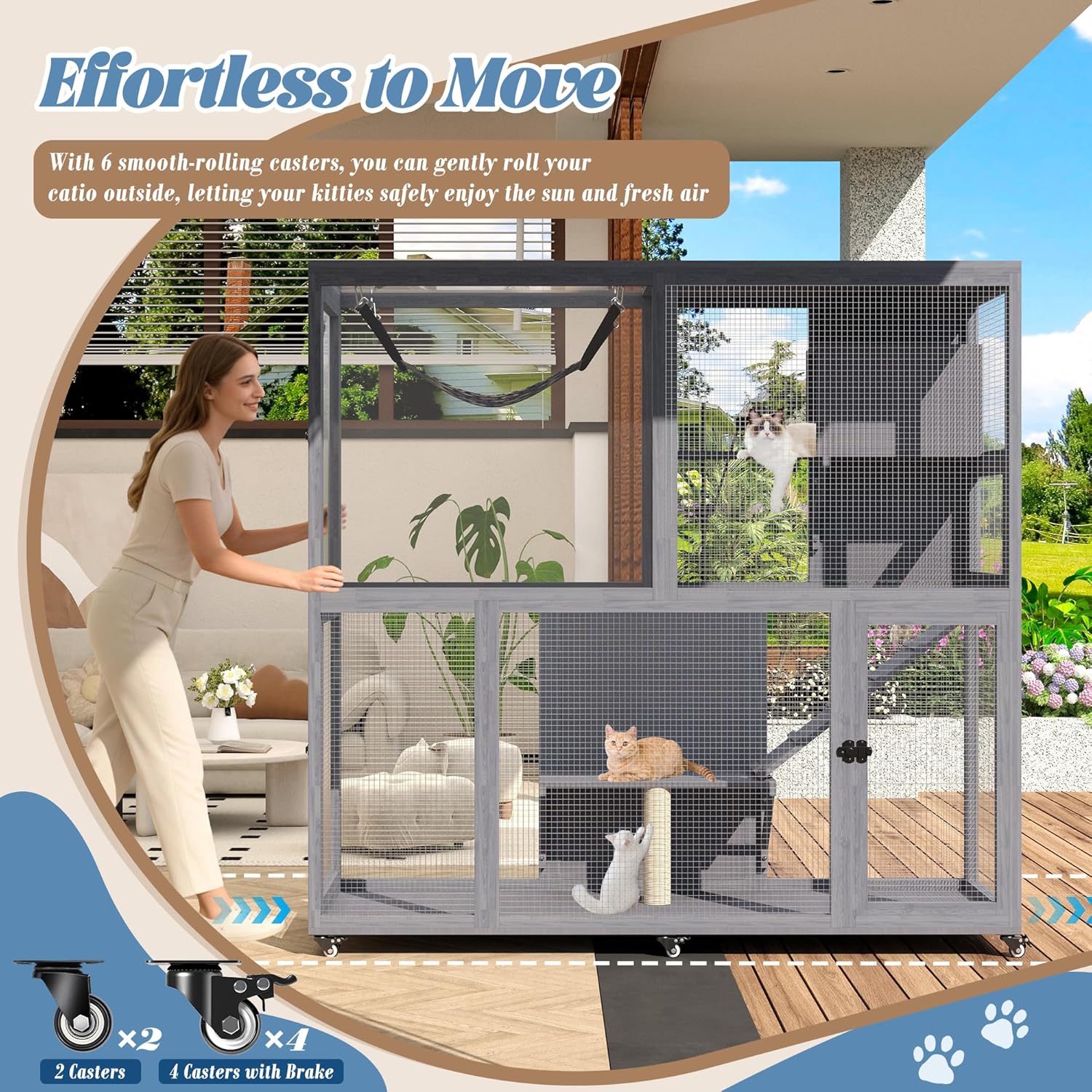MAGIC UNION 4-Tier Large Wooden Catio on Wheels, Mobile Outdoor Cat Enclosure Cage for Multiple Cats, Cat Patio with Waterproof Sunshine Roof, 4 Access Doors, Resting Box & Cat Hammock (Grey)