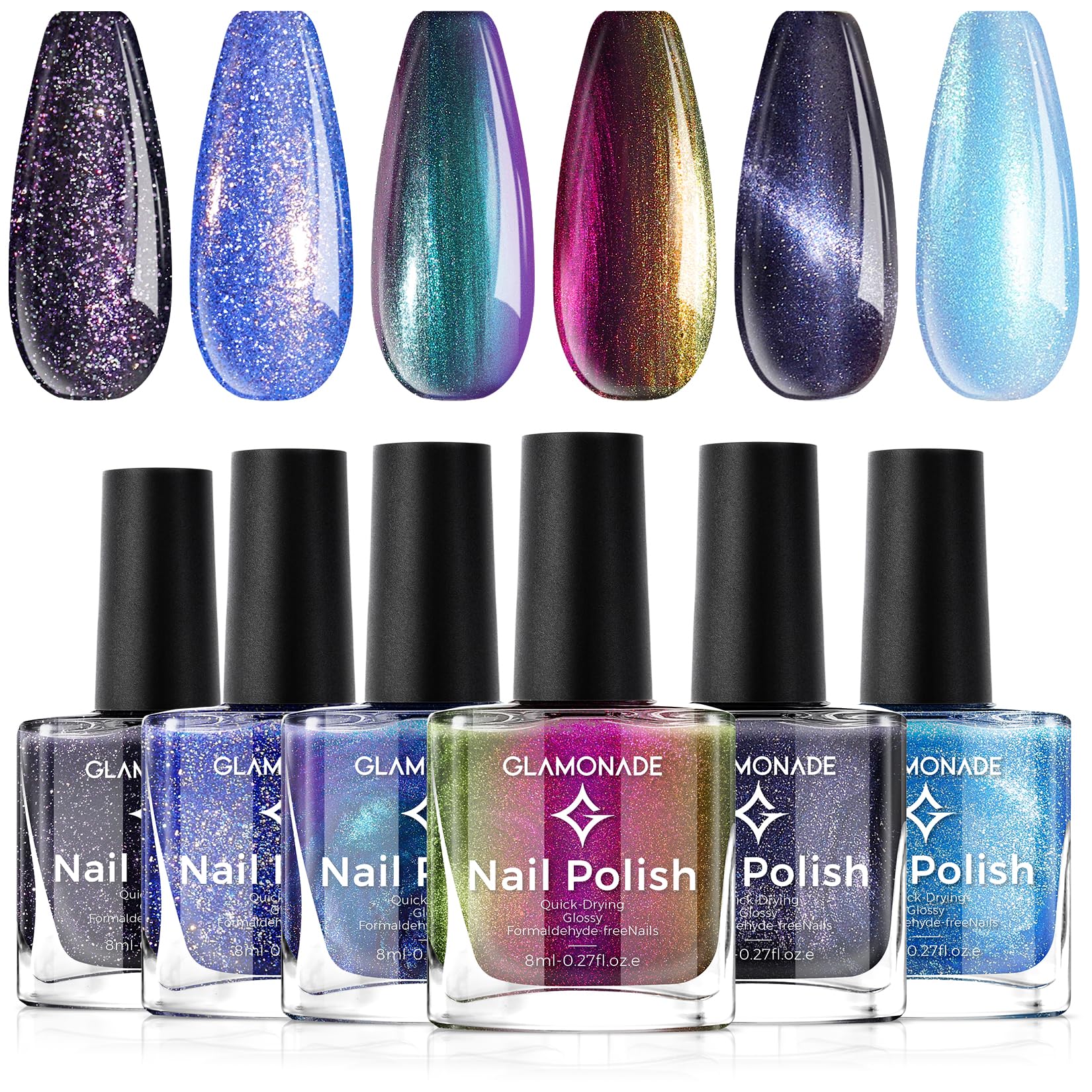 Glamonade Holographic Nail Polish Set : 6 Colors Chameleon Glitter Dark Blue Sparkle Black Summer 7+day Long Lasting Shimmer Metallic Fingernail Polish kit Air Quick Dry Home DIY Manicure for Women