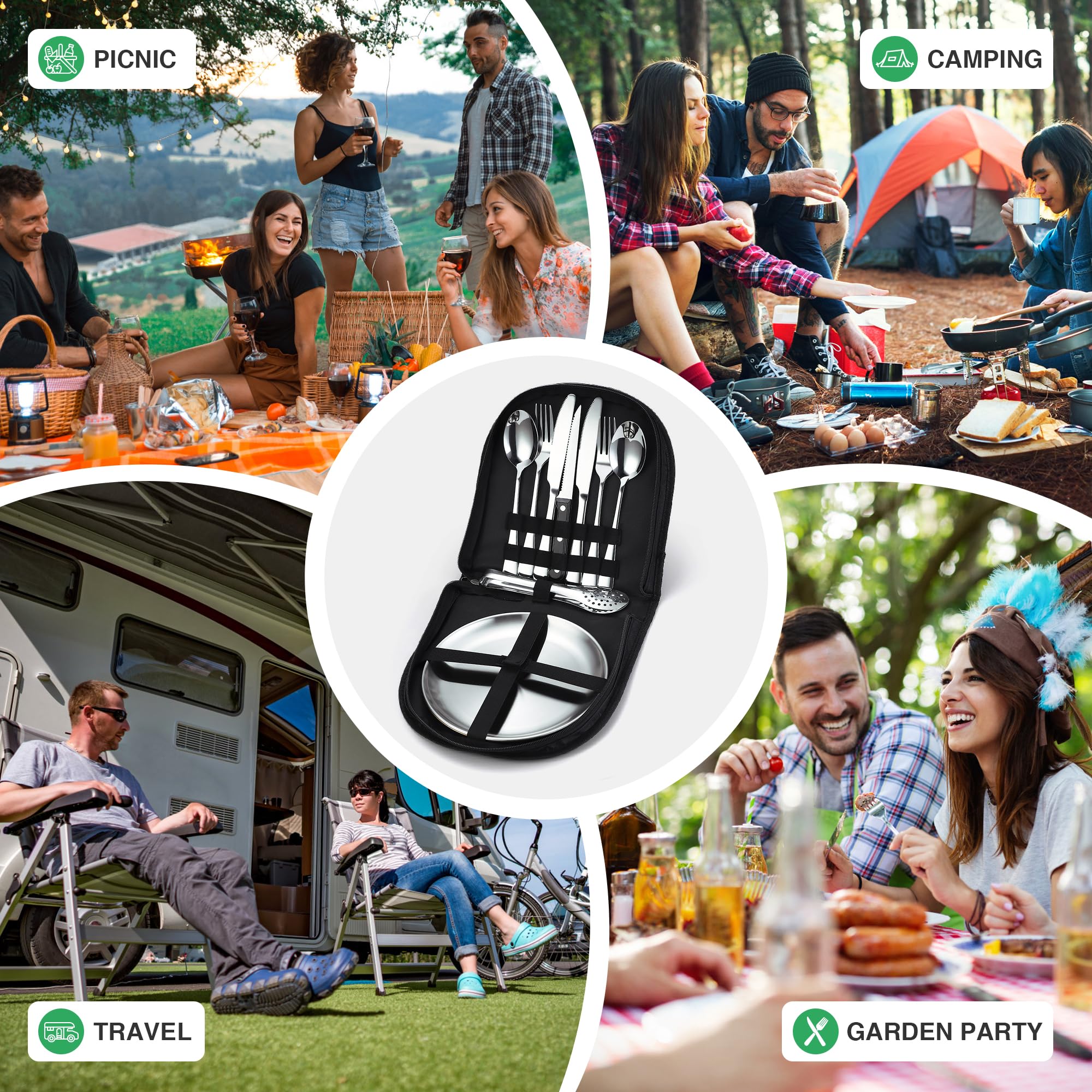 Yoassi 10PCS Vaisselle Acier Inoxydable de 2 Personnes Portable pour Camping, Pique-nique, Activités Outdoors, en plein air